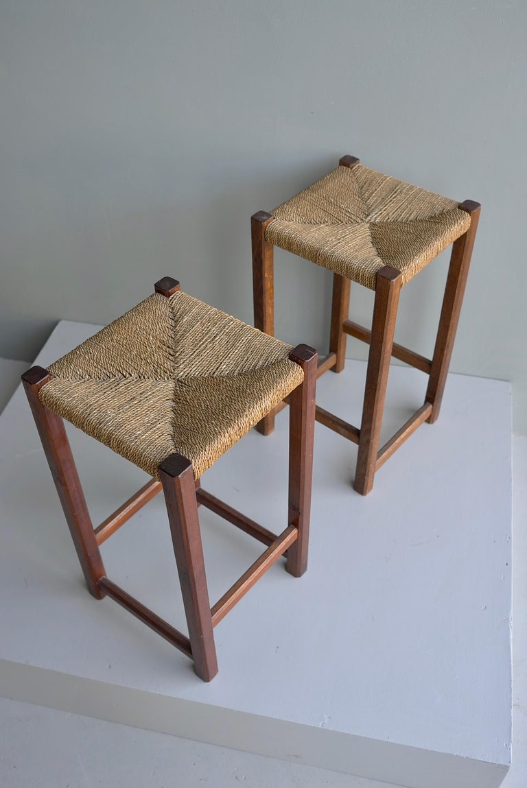 Pair of Solid Oak and Rope Stools, France 1950's For Sale at 1stDibs