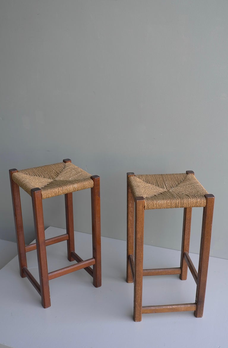 Pair of Solid Oak and Rope Stools, France 1950's For Sale at 1stDibs