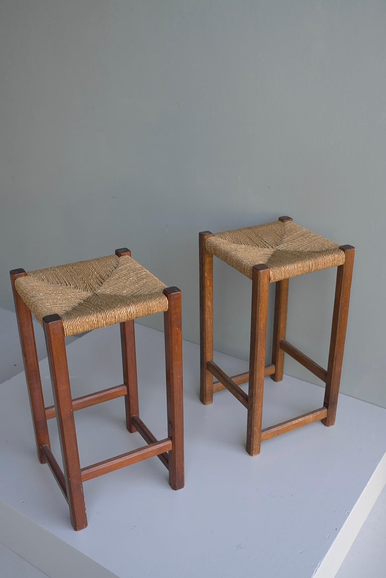 Pair of Solid Oak and Rope Stools, France 1950's For Sale at 1stDibs
