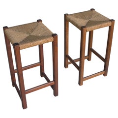 Pair of Solid Oak and Rope Stools, France 1950's