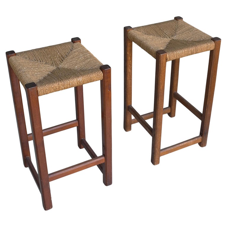 Pair of Solid Oak and Rope Stools, France 1950's For Sale at 1stDibs