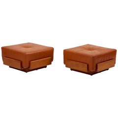 Pair of Solid Oak and Tan Leather Poufs