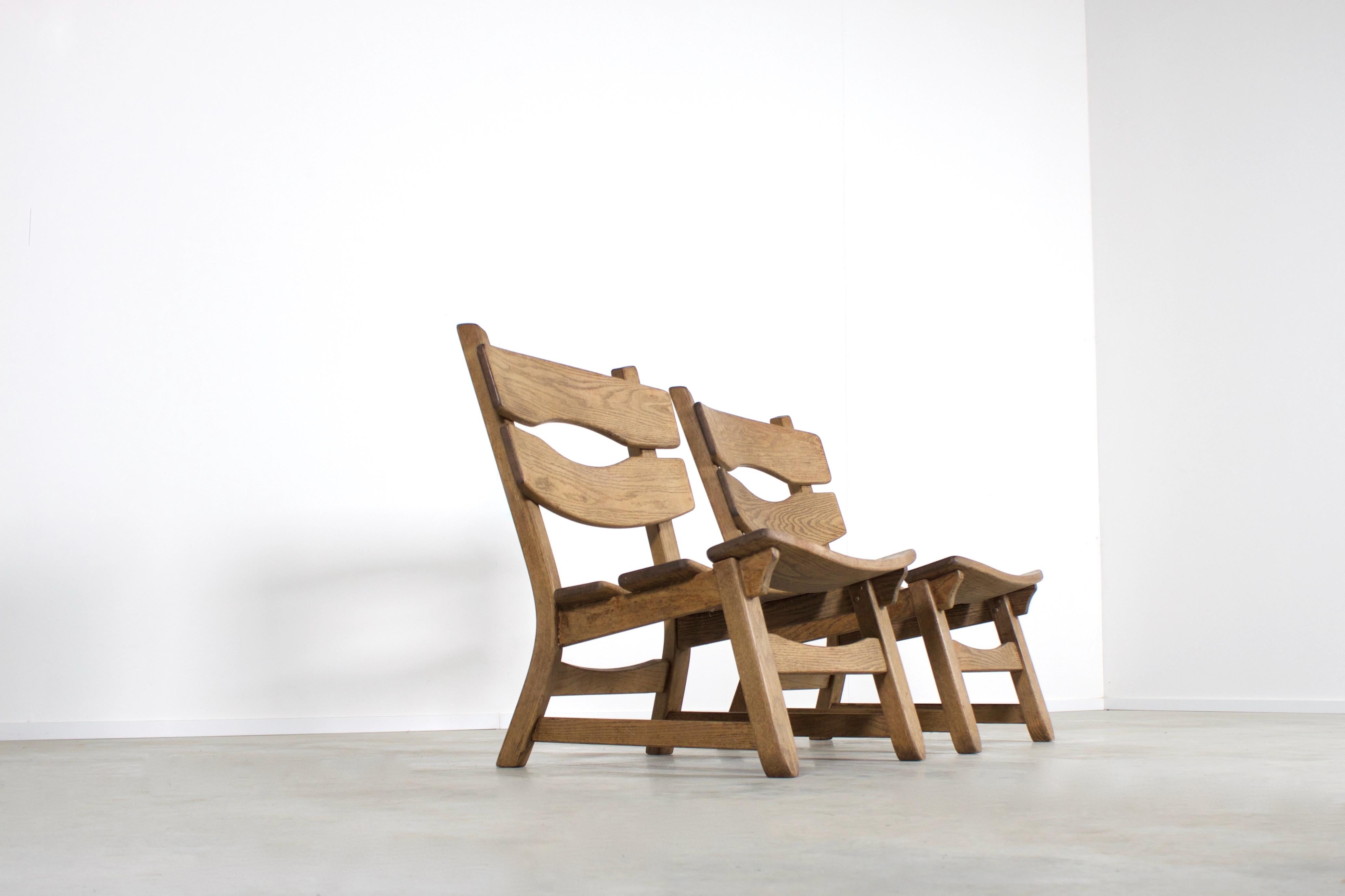 French Pair of Solid Oak Brutalist Lounge Chairs, France, 1960s