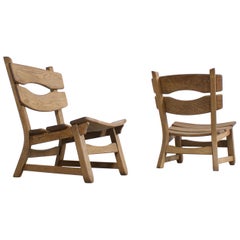 Pair of Solid Oak Brutalist Lounge Chairs, France, 1960s
