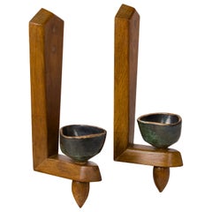 Pair of Solid Oak & Ceramic Sconces by Guillerme & Chambron - France 1960's