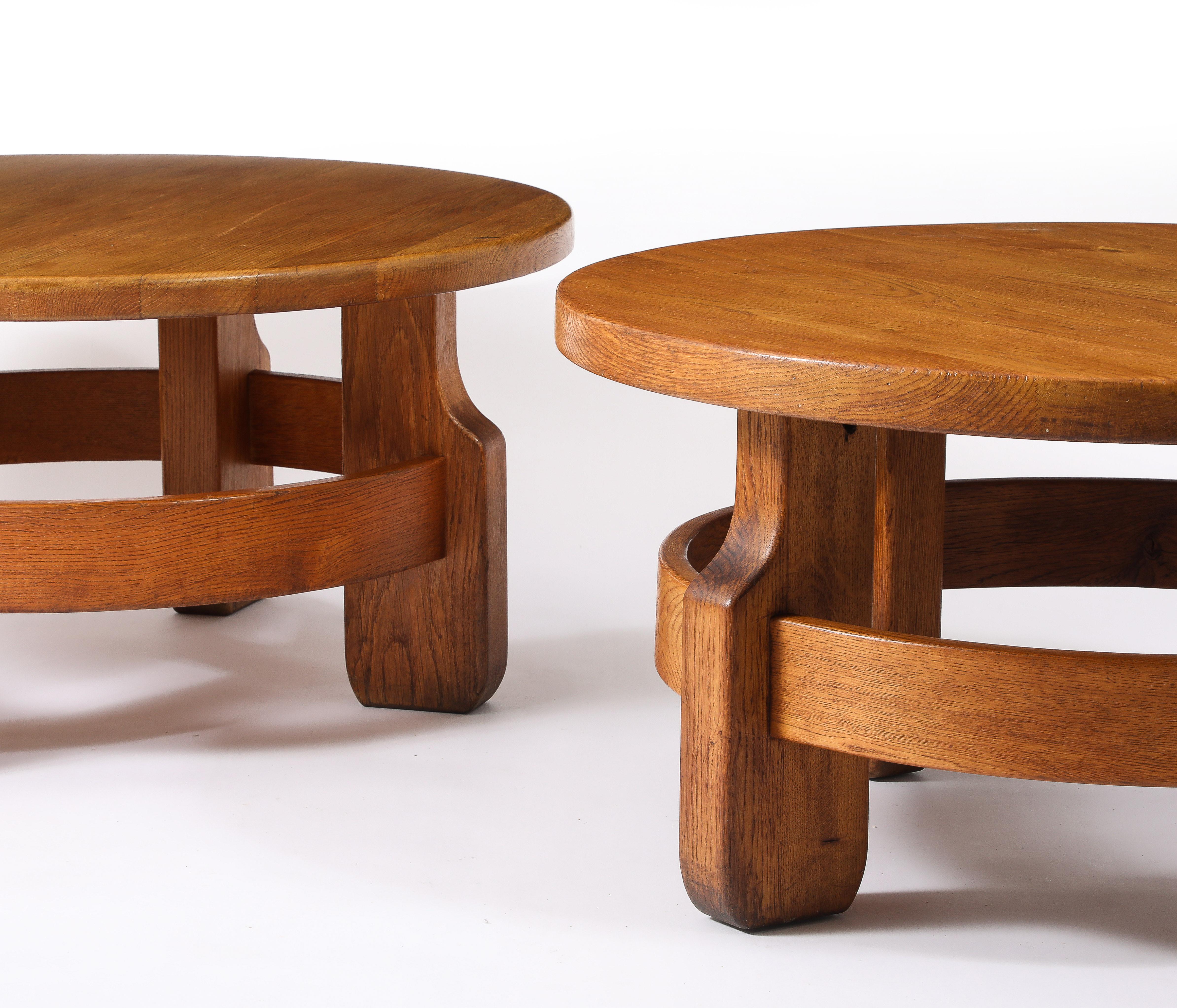 Pair of Solid Oak Coffee Tables, France 1950's In Good Condition For Sale In New York, NY