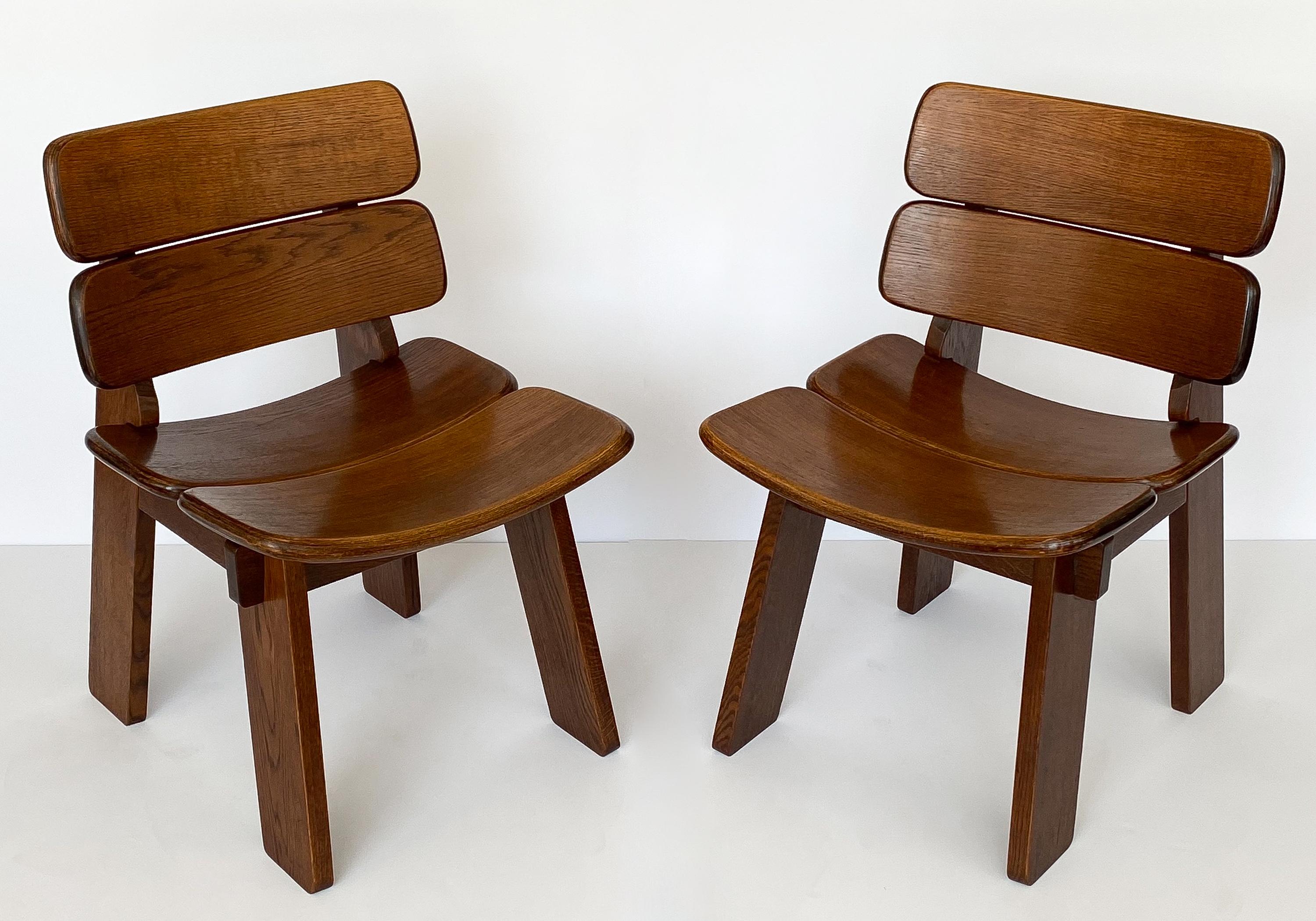 Mid-Century Modern Pair of Solid Oak French Constructivist Occasional Lounge Chairs