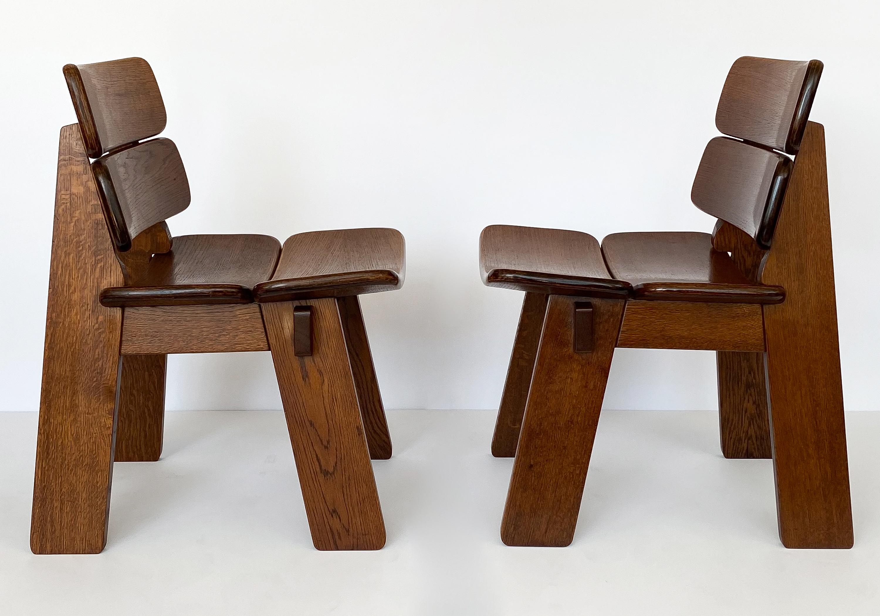 Mid-20th Century Pair of Solid Oak French Constructivist Occasional Lounge Chairs