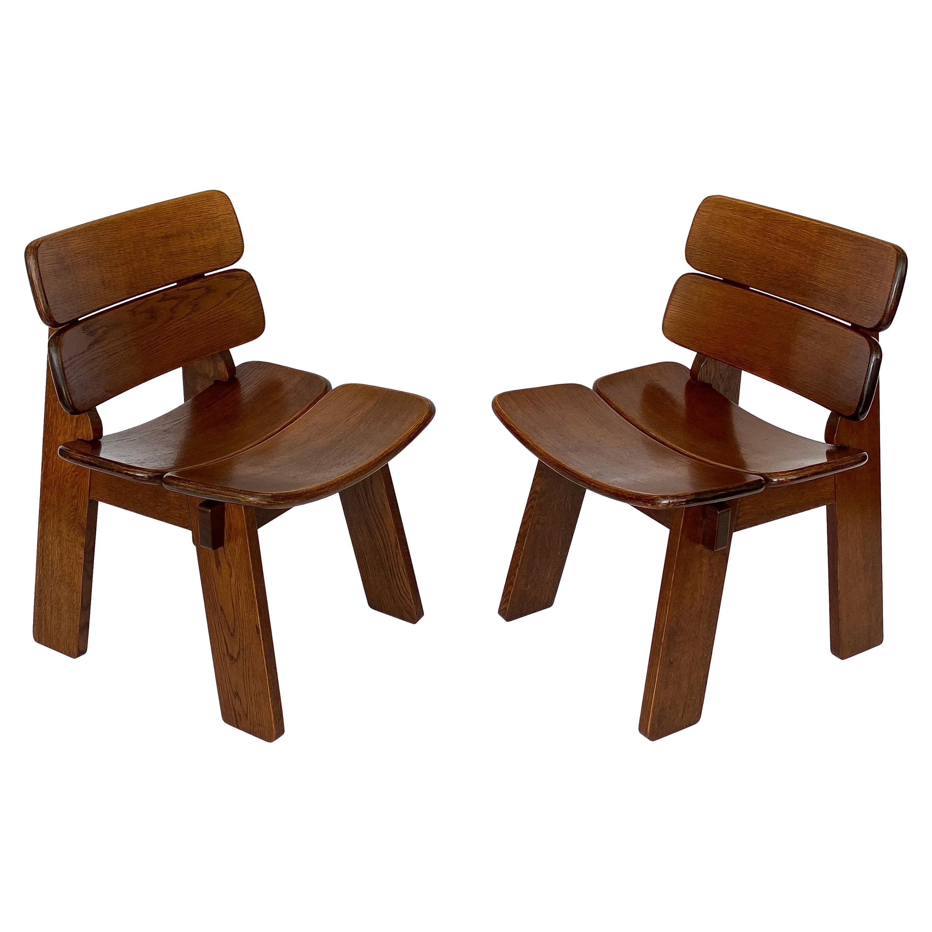 Pair of Solid Oak French Constructivist Occasional Lounge Chairs