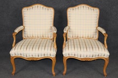 Pair of Solid Oak French Louis XV Hand Carved Armchairs Bergere Chairs