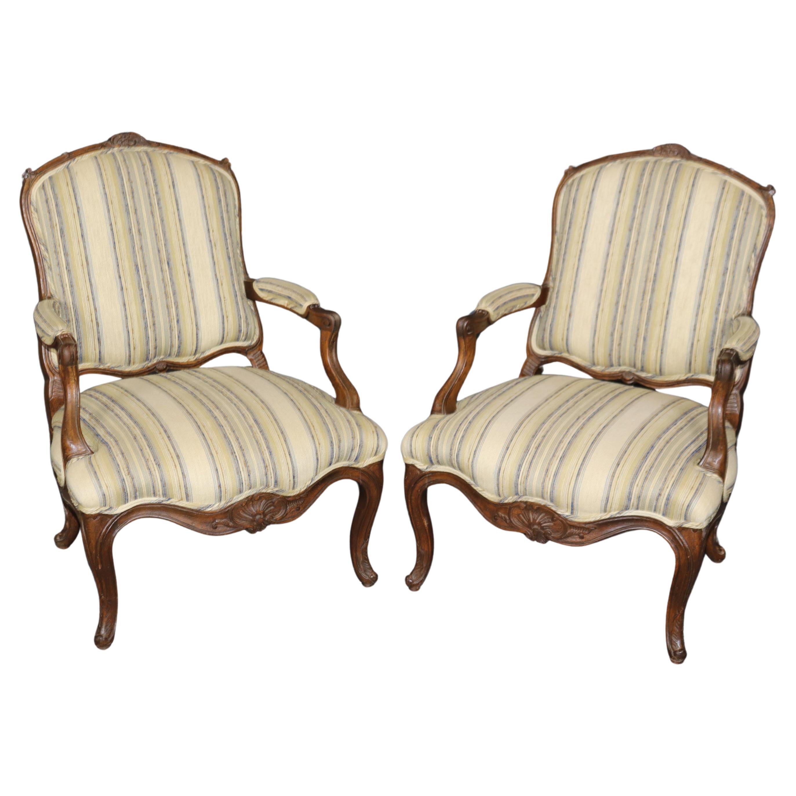 Pair of Solid Oak French Louis XV Style French 19th Century Bergere Chairs
