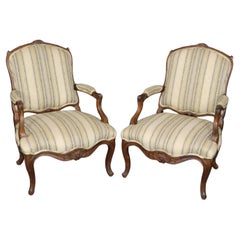 Pair of Solid Oak French Louis XV Style French 19th Century Bergere Chairs