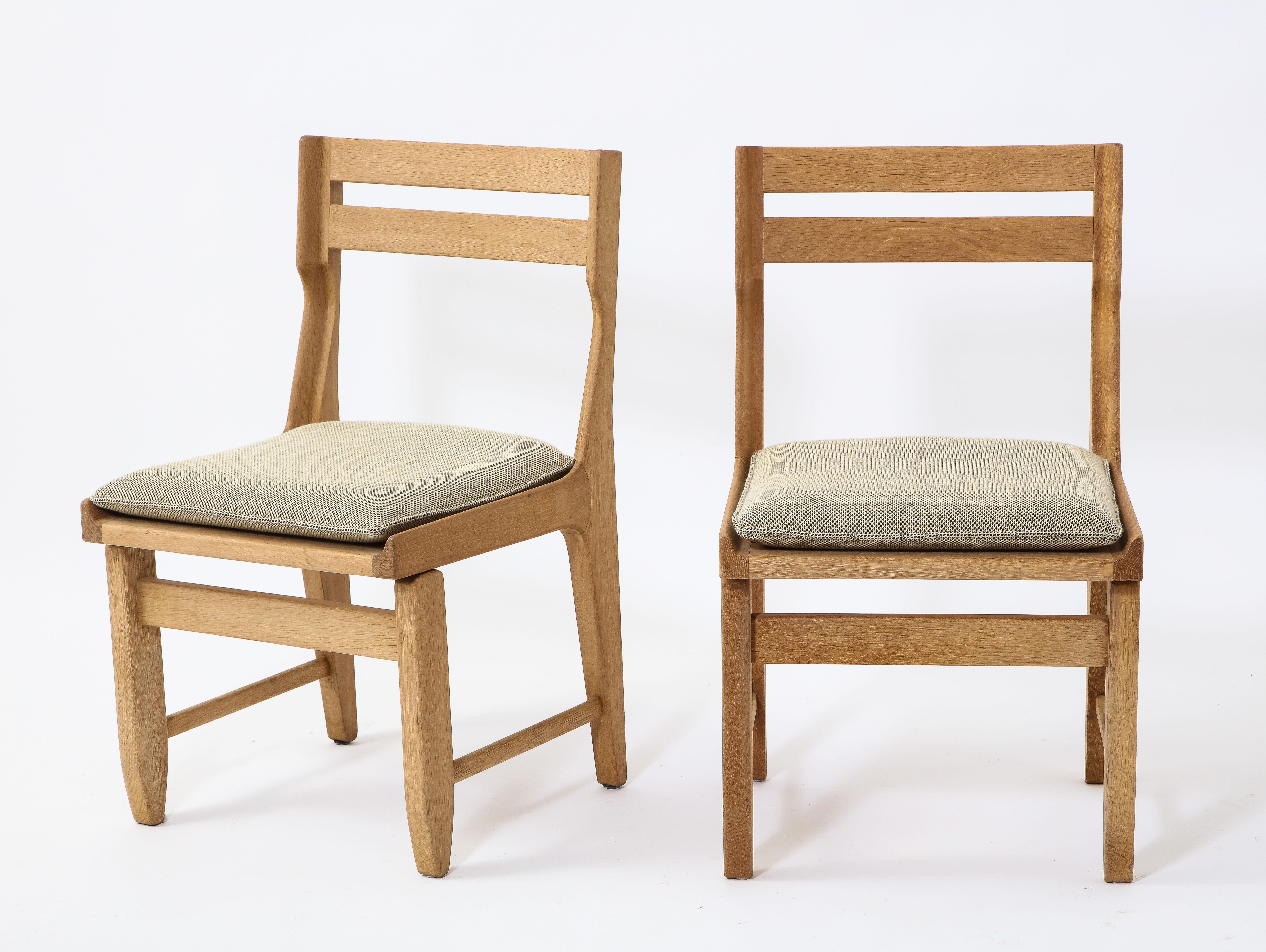 French Pair of Solid Oak Guillerme & Chambron Chairs, France, 1970s