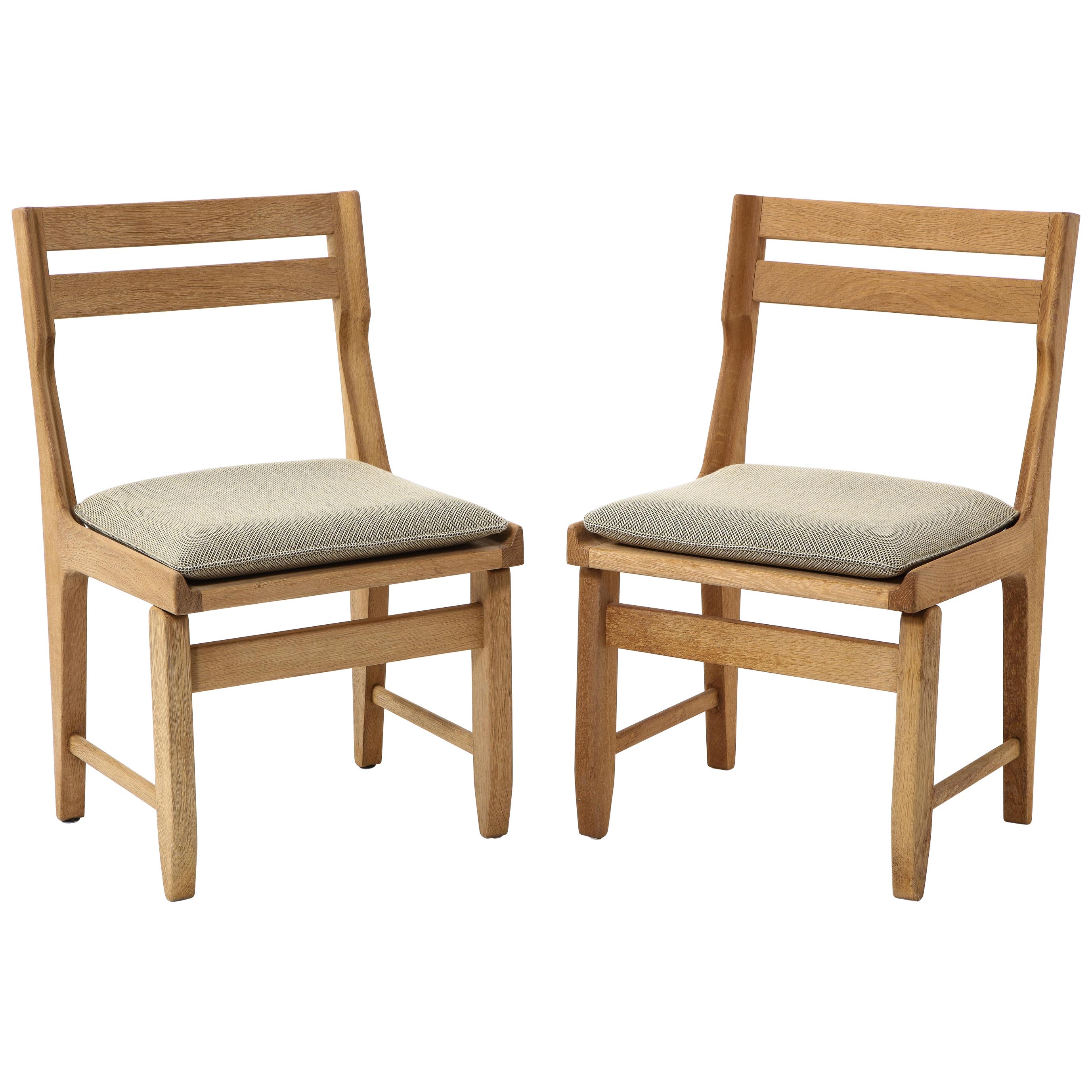 Pair of Solid Oak Guillerme & Chambron Chairs, France, 1970s
