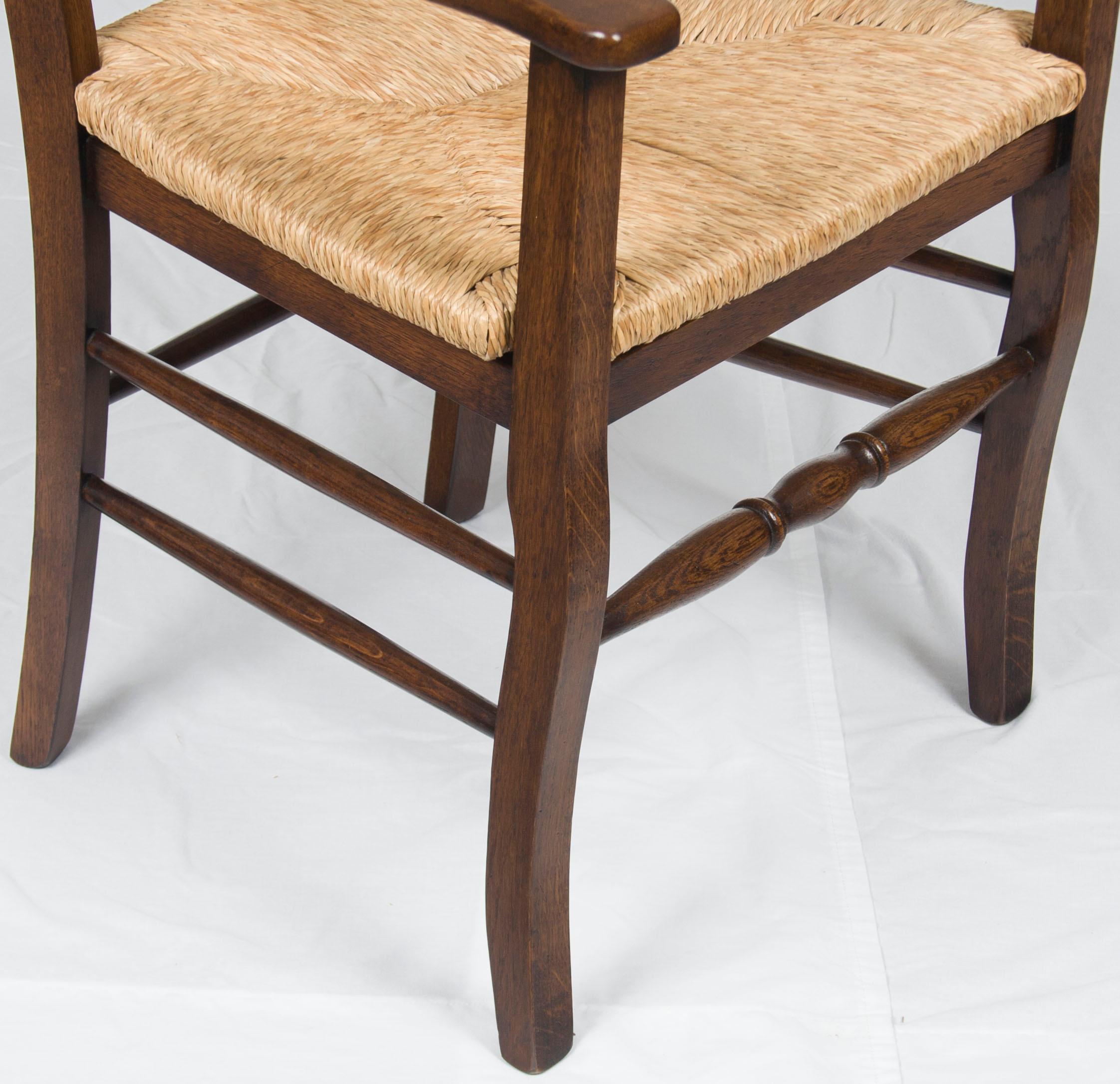 Pair of Solid Oak Rush Seat Ladder Back Dining Room Armchairs For Sale 4