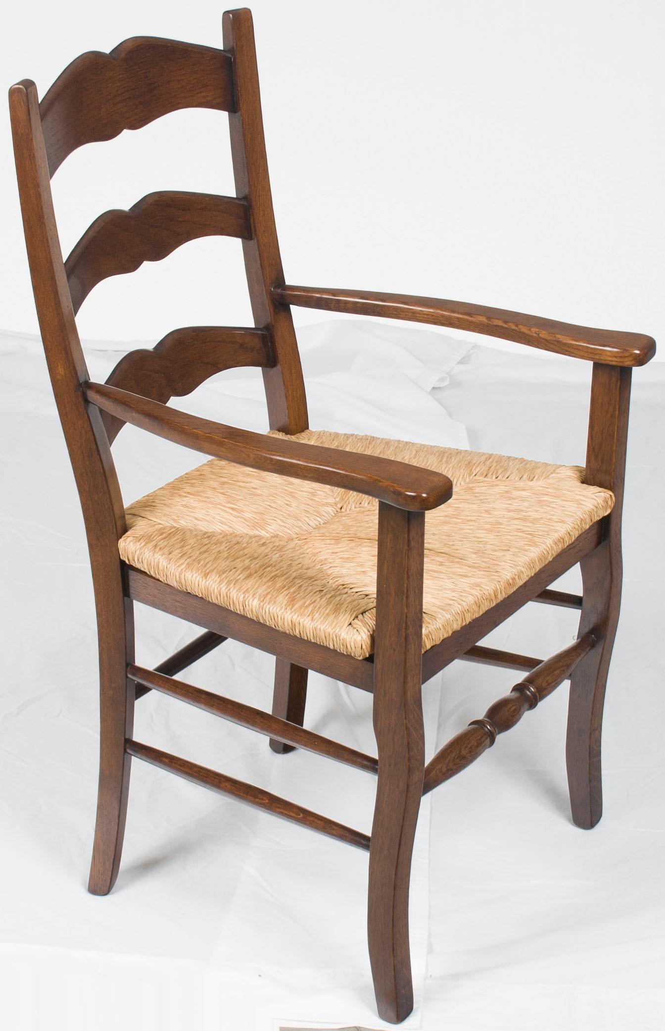 Contemporary Pair of Solid Oak Rush Seat Ladder Back Dining Room Armchairs For Sale