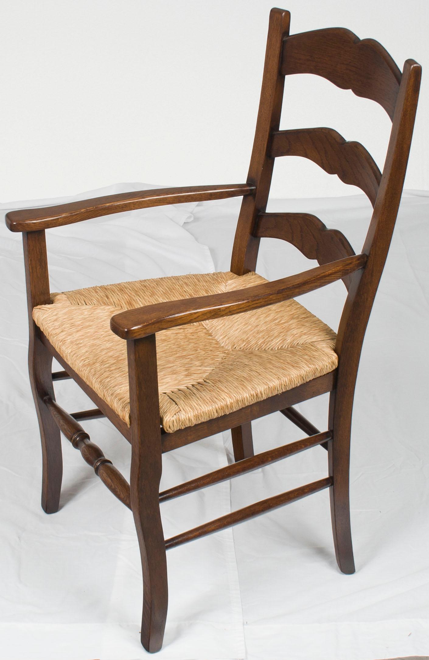 Pair of Solid Oak Rush Seat Ladder Back Dining Room Armchairs For Sale 1