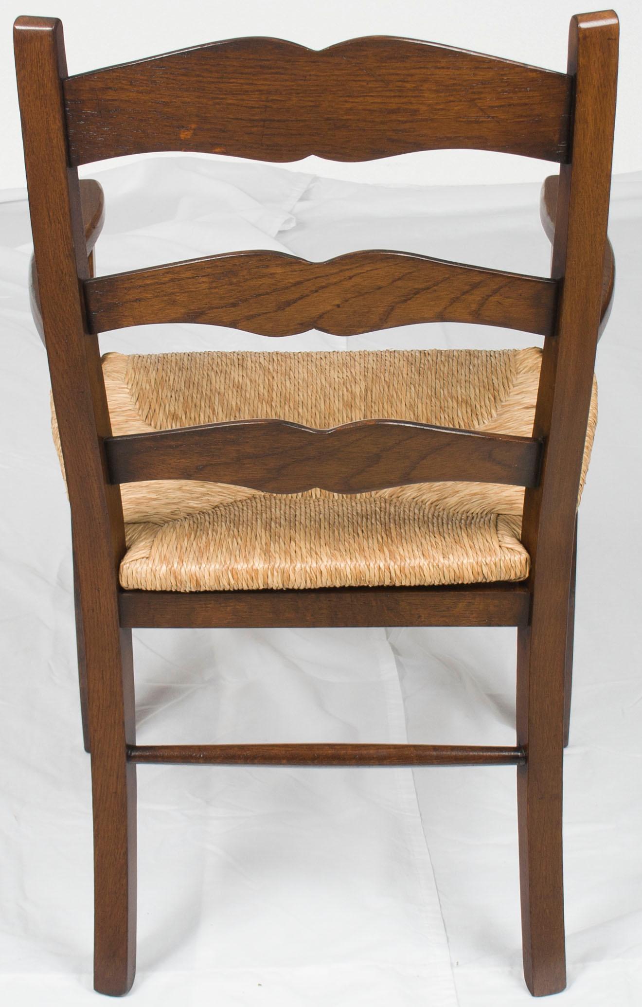 Pair of Solid Oak Rush Seat Ladder Back Dining Room Armchairs For Sale 2