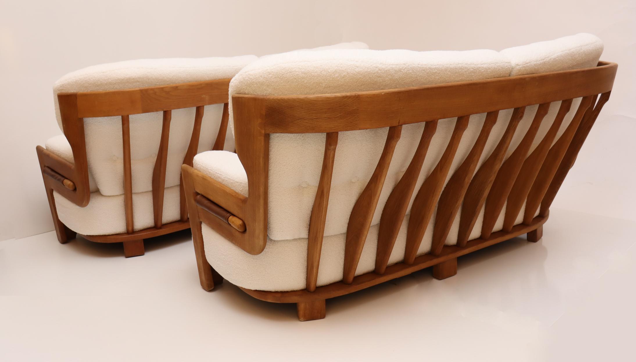 Pair of Oak Settees by Guillerme and Chambron, 1960's 7