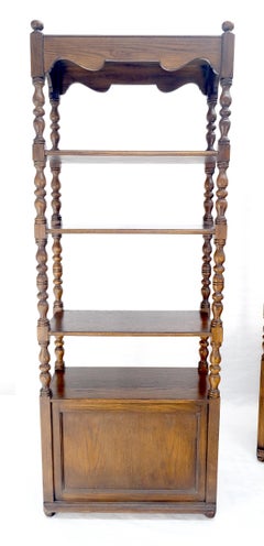 Pair of Solid Oak Spanish Colonial Etageres Shelves w/ Storage Cabinets & Finial