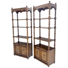 Vintage Pair of Solid Oak Spanish Colonial Etageres Shelves w/ Storage Cabinets & Finial