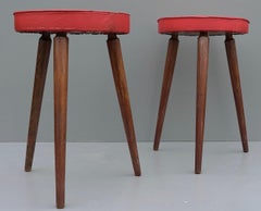 Pair of Solid Oak Stools with Red Vinyl Seats, France, 1960's