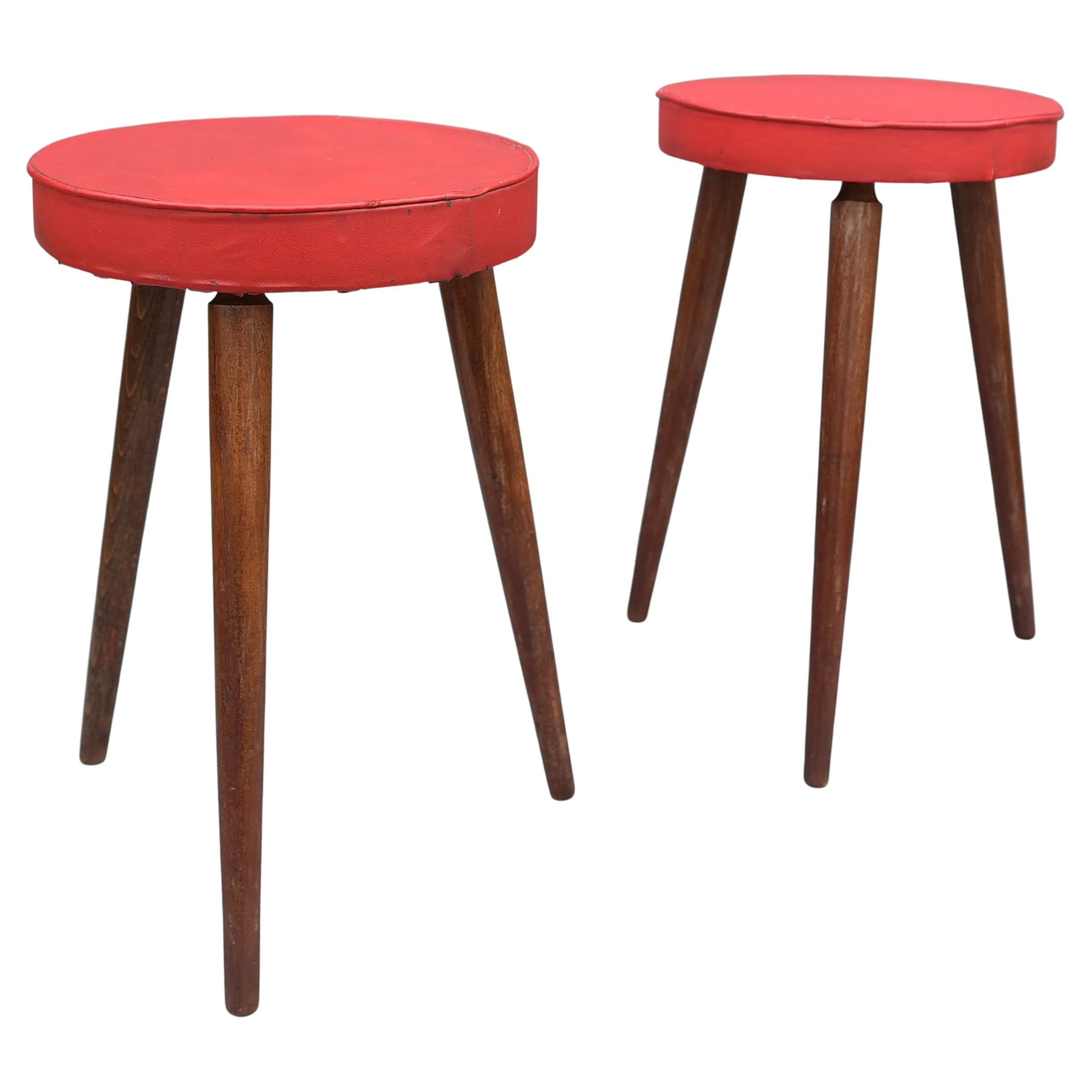 Pair of Solid Oak Stools with Red Vinyl Seats, France, 1960's For Sale