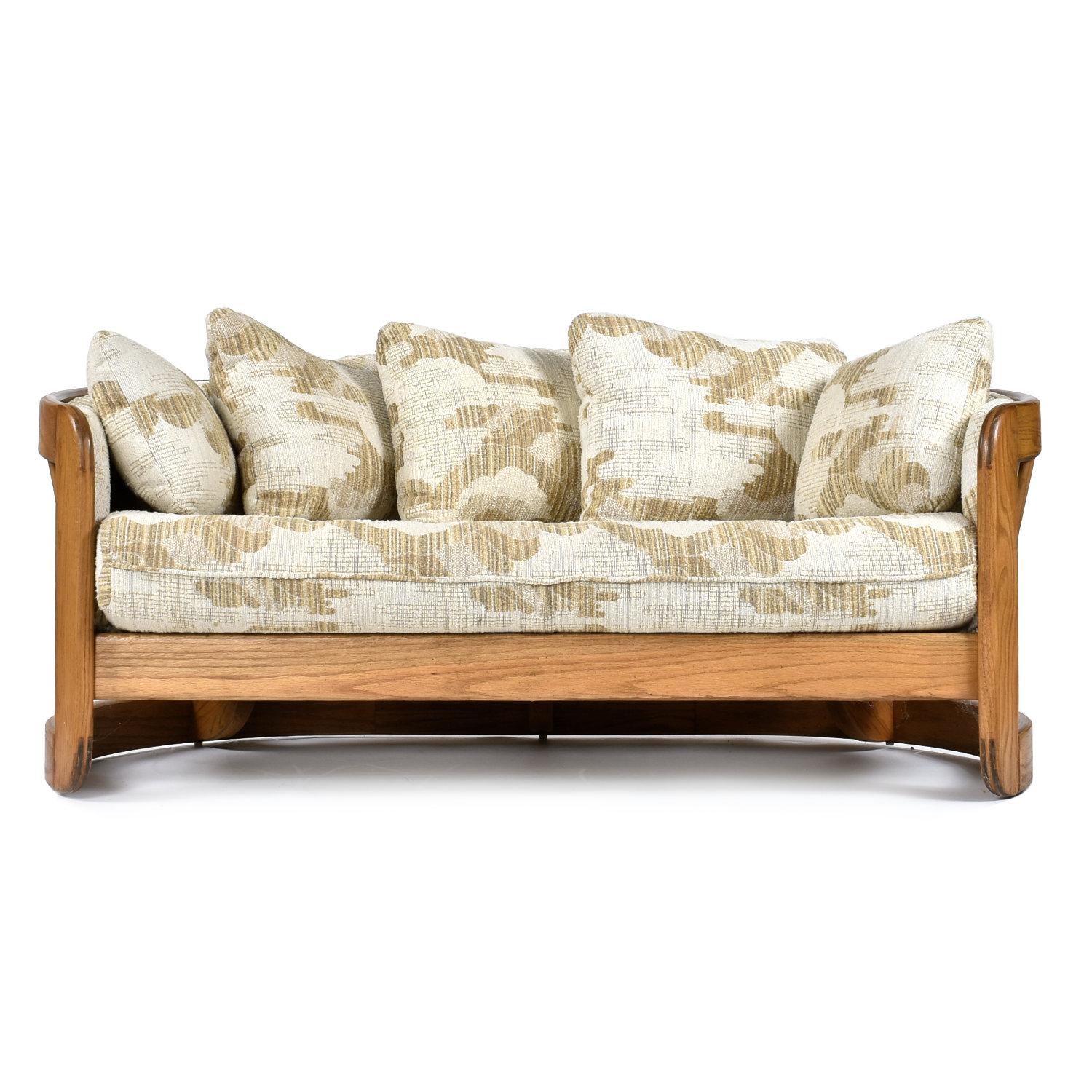 American Pair of Solid Oak Wood Curved Spindle Back Loveseat Settee Benches by Howard
