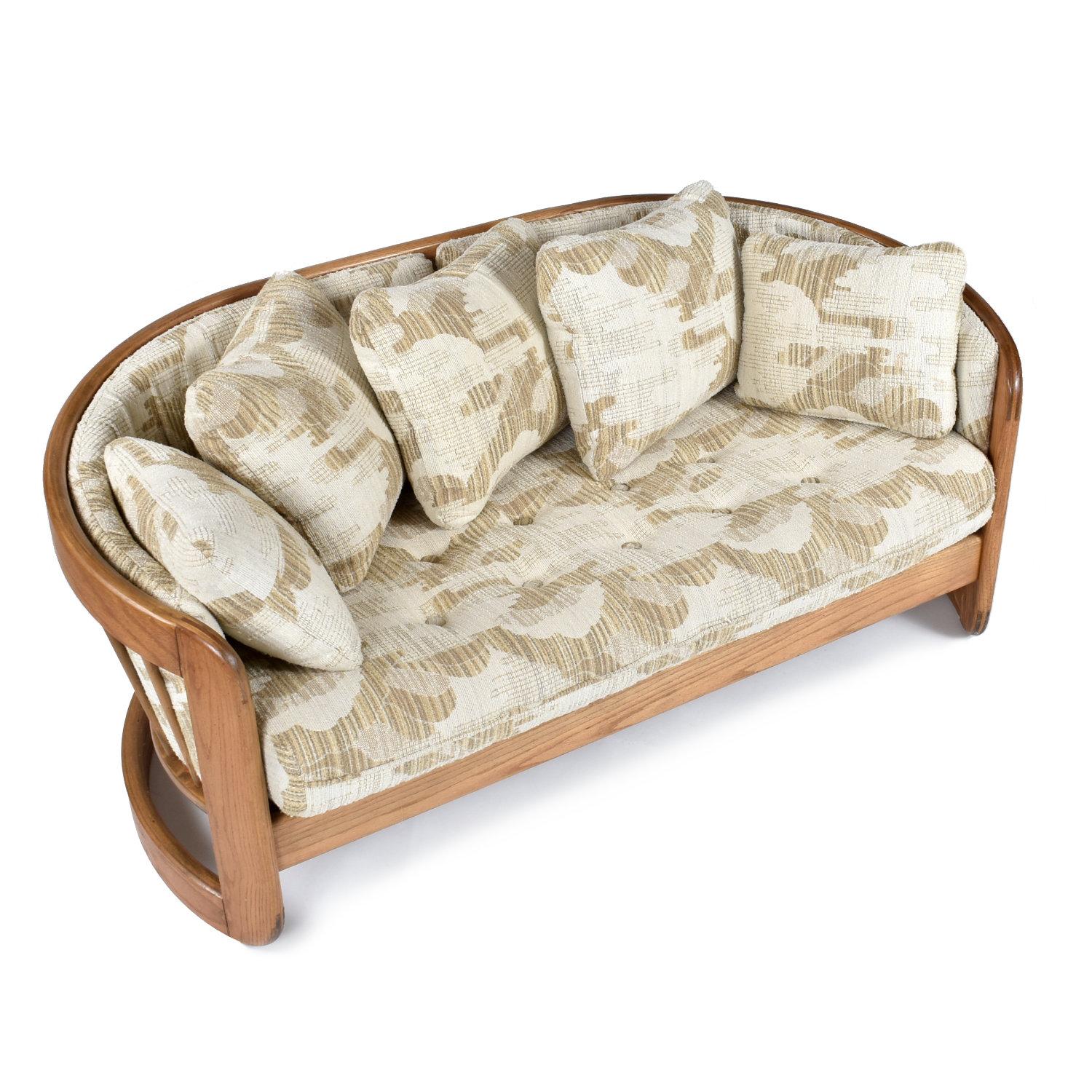 Pair of Solid Oak Wood Curved Spindle Back Loveseat Settee Benches by