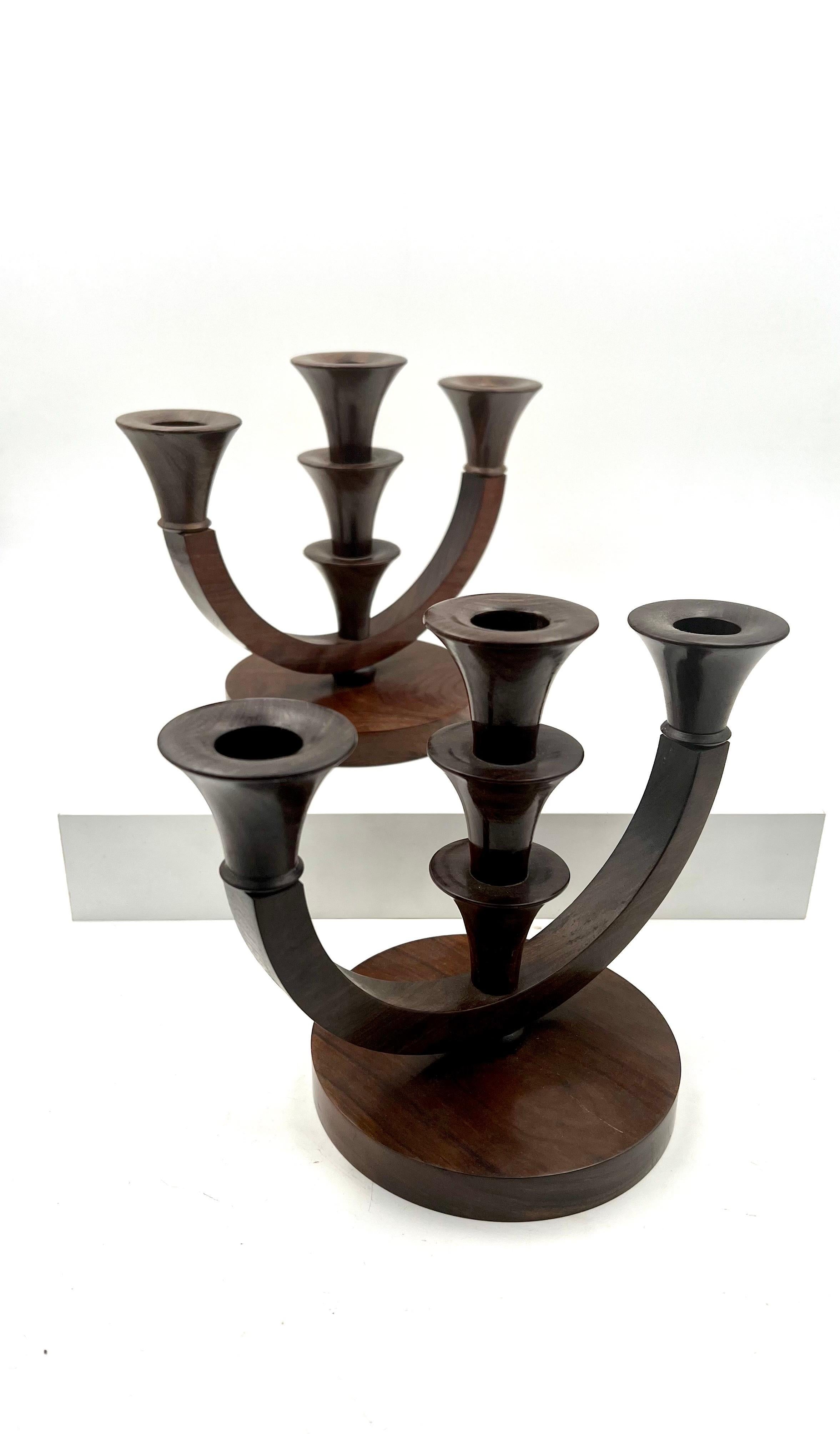 Mid-Century Modern Pair of Solid Olive Wood Hand Carved African Candle Holders For Sale