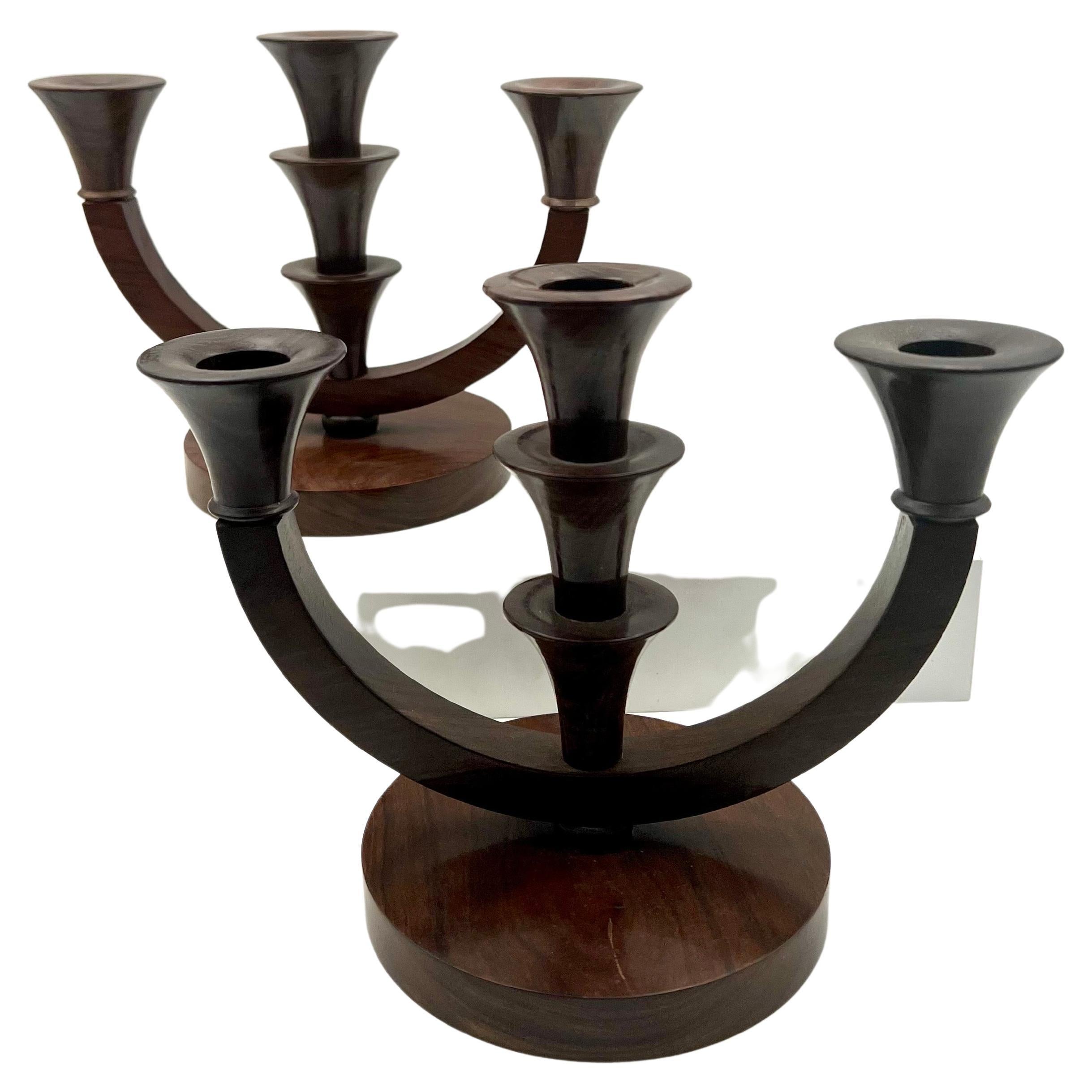 Pair of Solid Olive Wood Hand Carved African Candle Holders For Sale