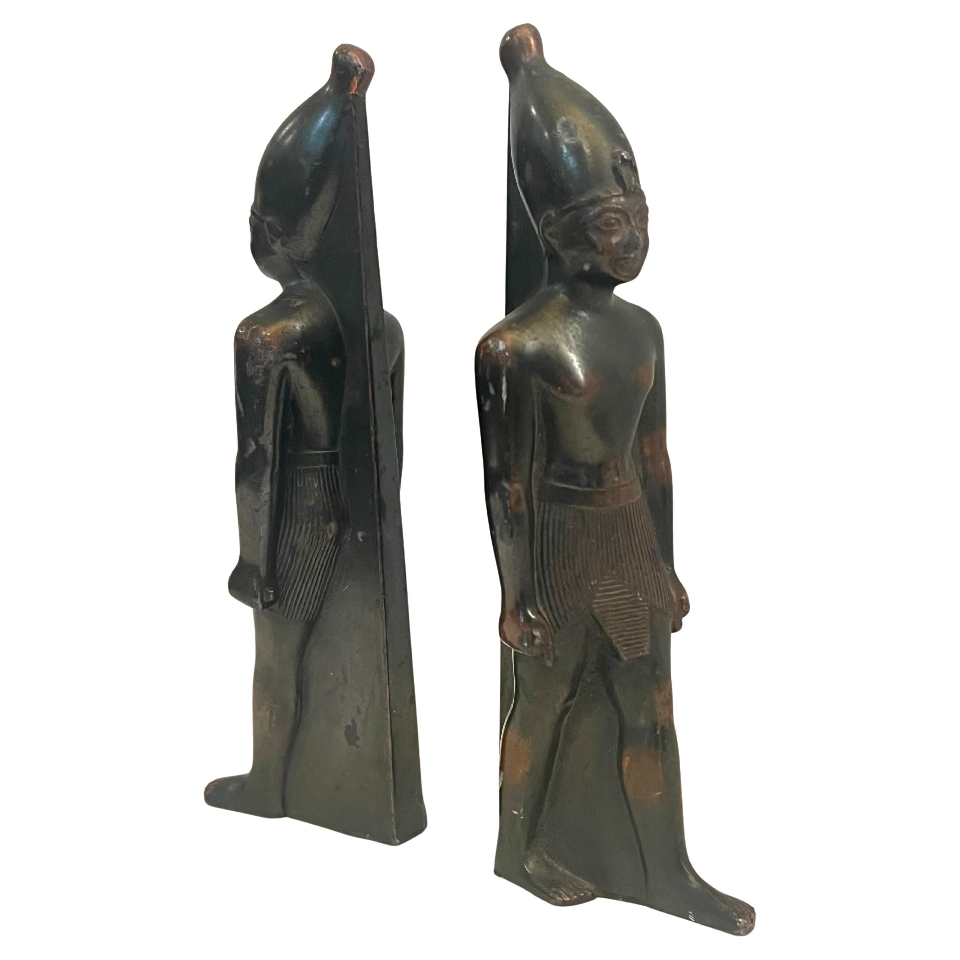Pair of Solid Patinated Bronze Egyptian Statues Sculptures