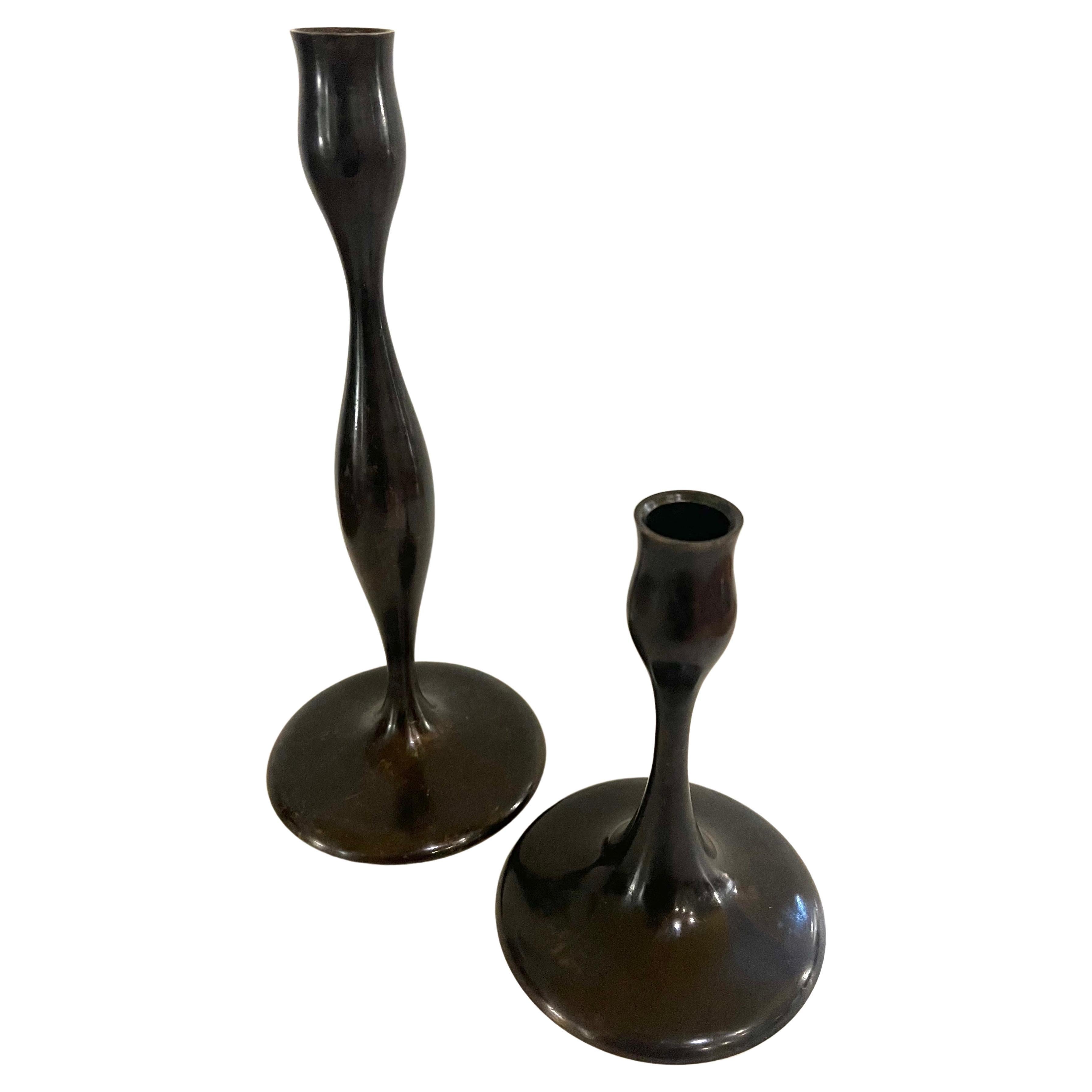 Scandinavian Modern Pair of Solid Patinated Bronze Sculptural Candle holders Signed by Eva Zeisel