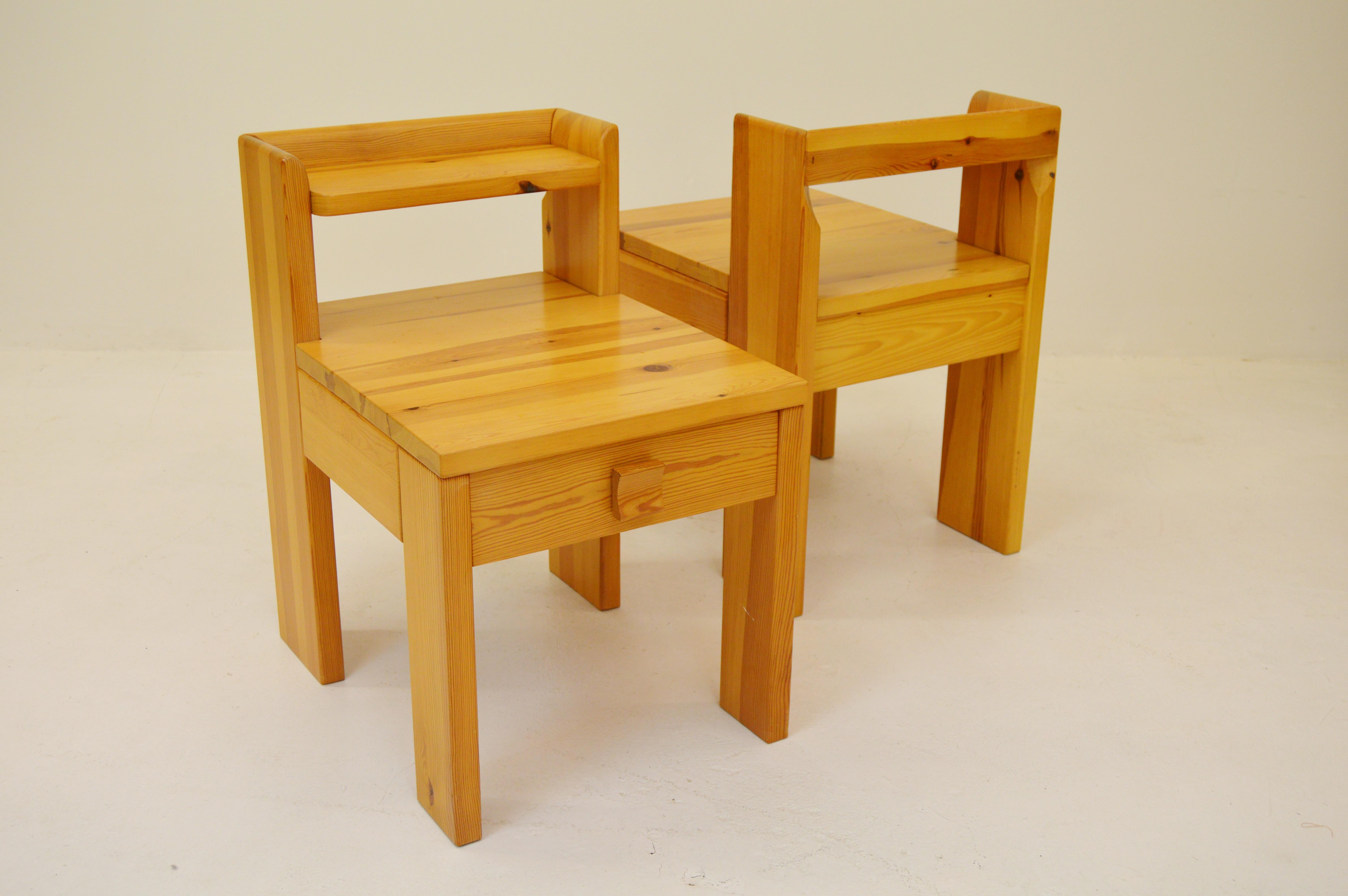 A pair of rustic and sophisticated bedside tables made from solid pine. Each table have a single drawer. They are stabile in their construction and are likely to be used as pallets as well.

Simple but yet so appealing Scandinavian Modern design.