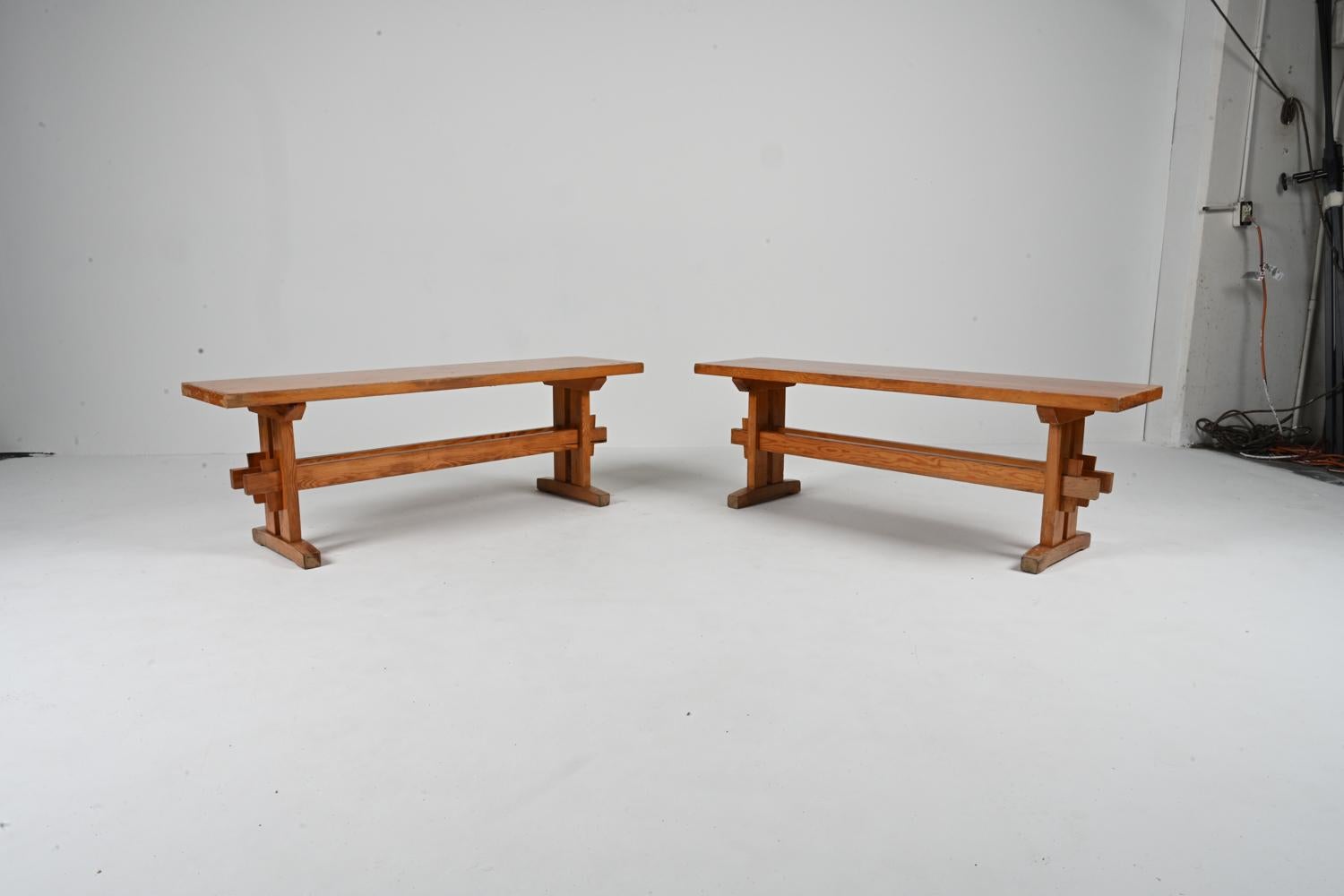 Scandinavian Modern Pair of Solid Pine Benches Attributed to Sven Larsson, c. 1970's For Sale