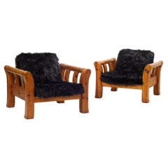 Pair of Solid Pine Scandinavian Modern Armchairs 1970