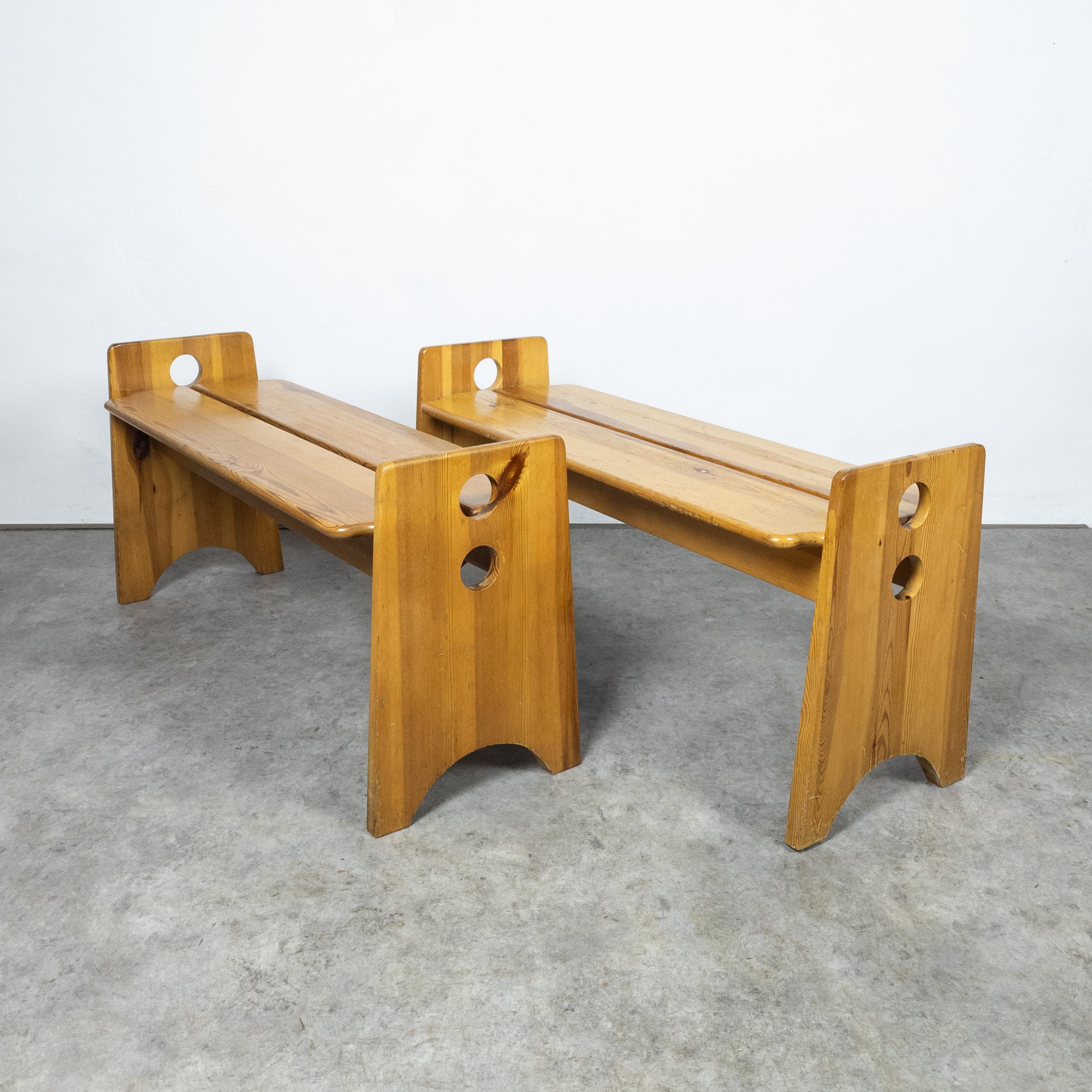 Pair of durable, solid pine wood benches in original condition. Exceptionally sturdy, showcasing impressive Scandinavian craftsmanship. Displaying typical signs of wear and age, yet structurally sound. Length 112 cm, depth 37 cm, seat height 44