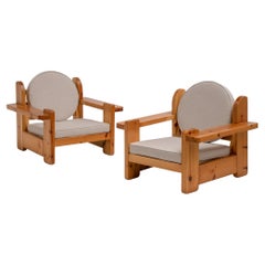 Vintage Pair of Solid Pine Sculptural Lounge Chairs, Italy, 1970s