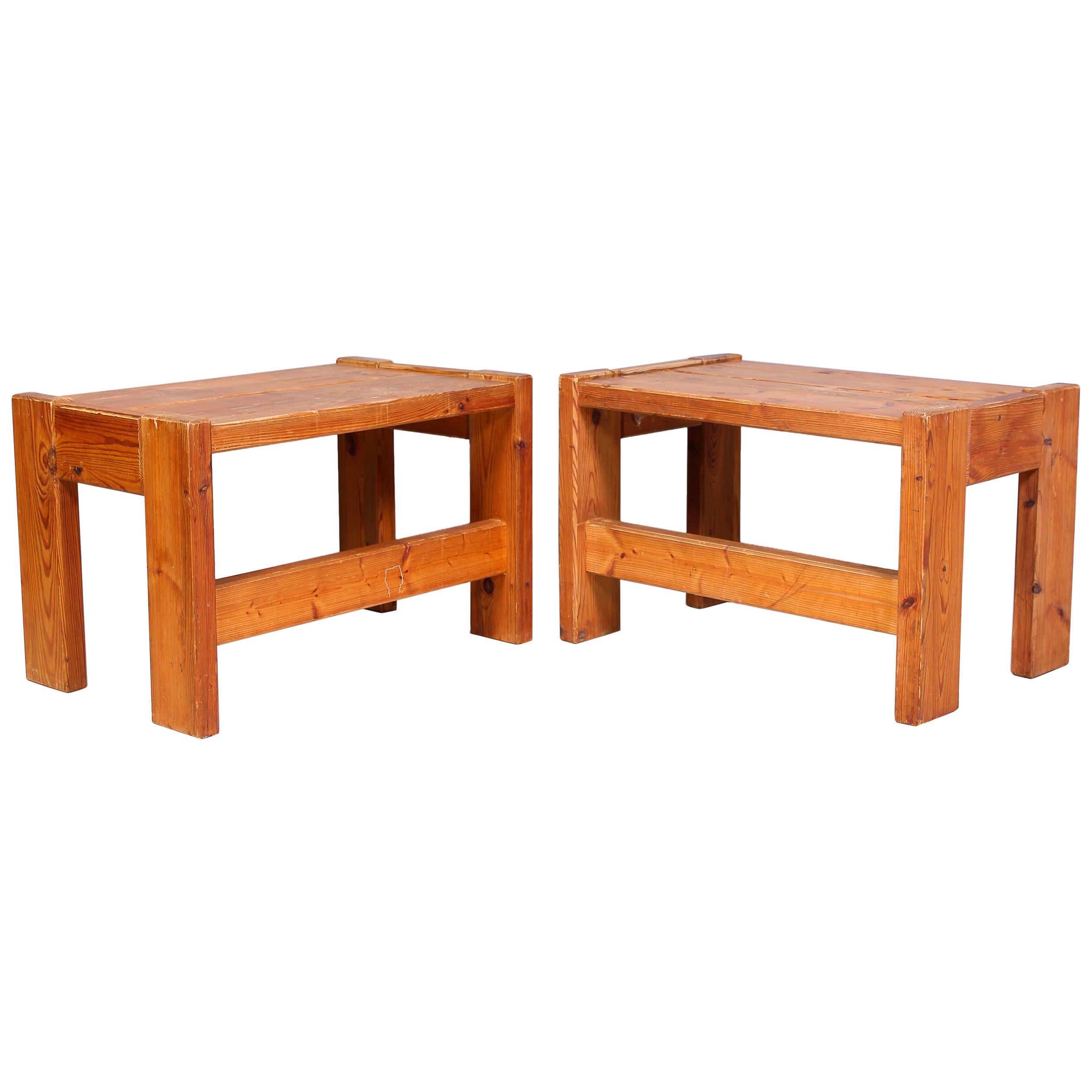 Pair of Solid Pine Side Tables / Benches, Sweden, 1970s