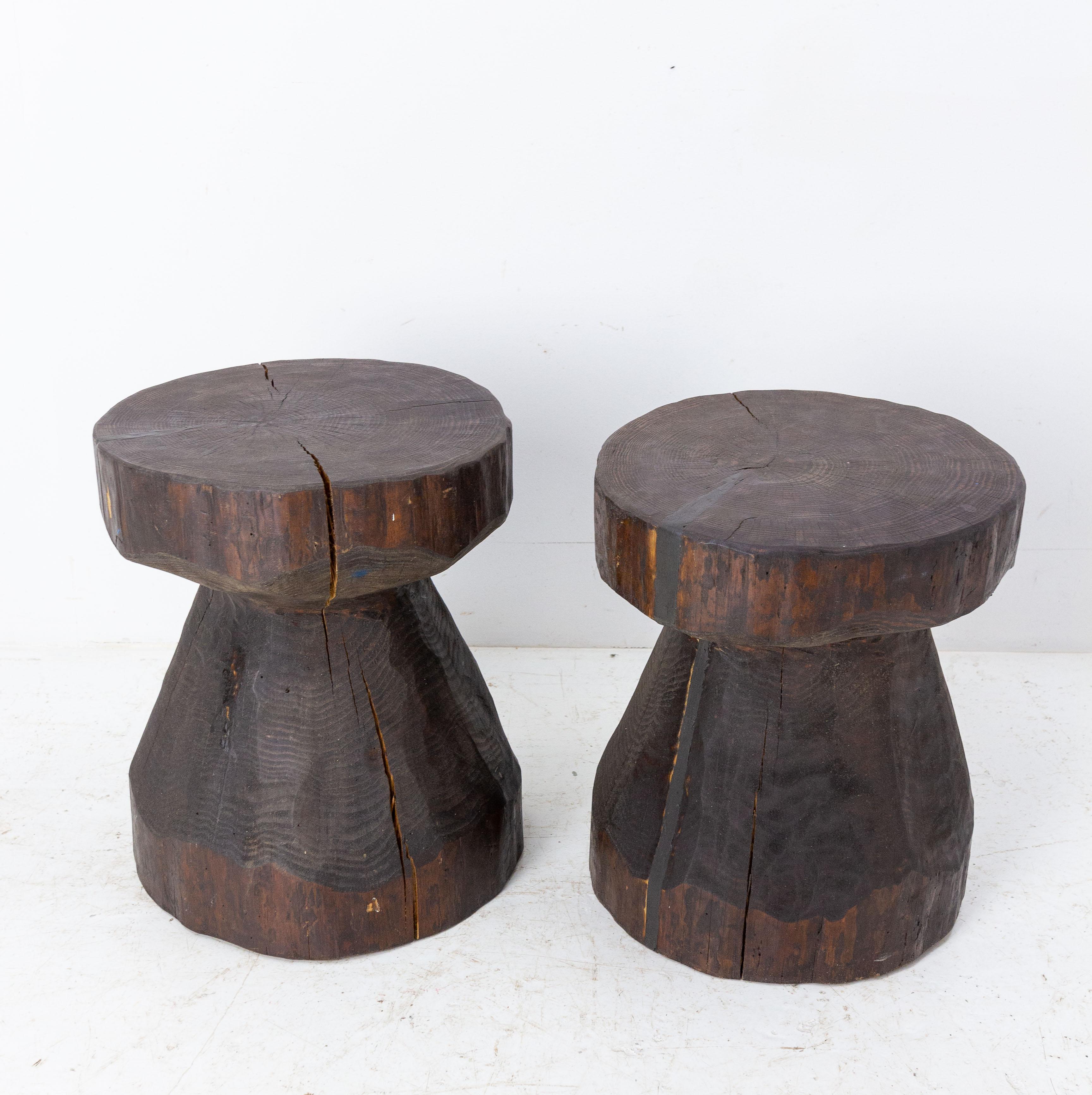 Pair of brutalist stools carved in the South-West of France (South of Bordeaux)
The wood comes from the Martin tempest which changed the forest landscape for several years in the south of France.
The two stools have the same diameter: 12.60 in. (32