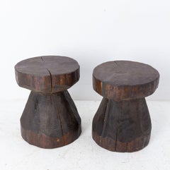 Pair of Solid Pine Stools Brutalist Style Champagne Shape, 1999, France