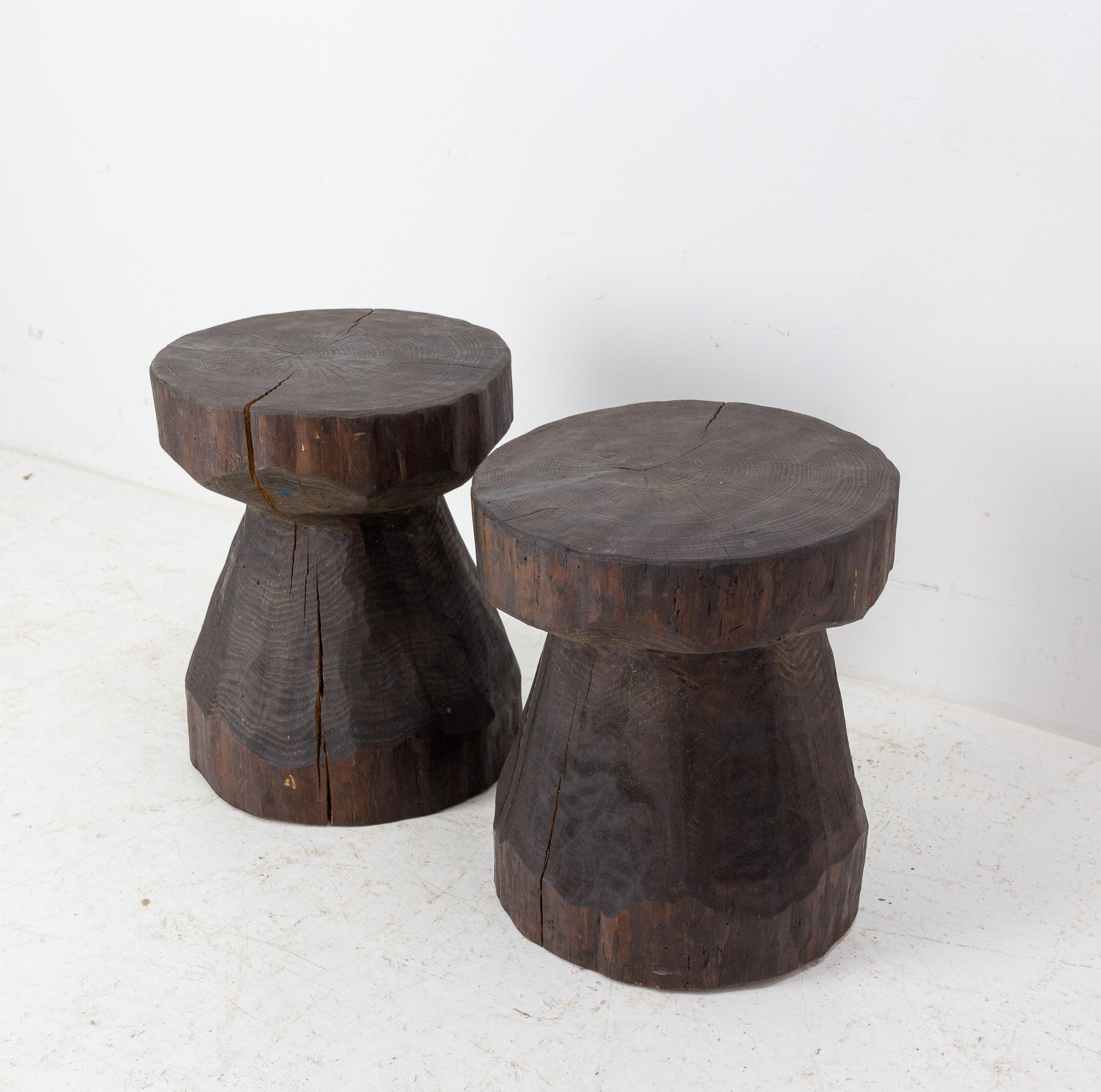 Country Pair of Solid Pine Stools Brutalist Style Champagne Shape, 1999, France