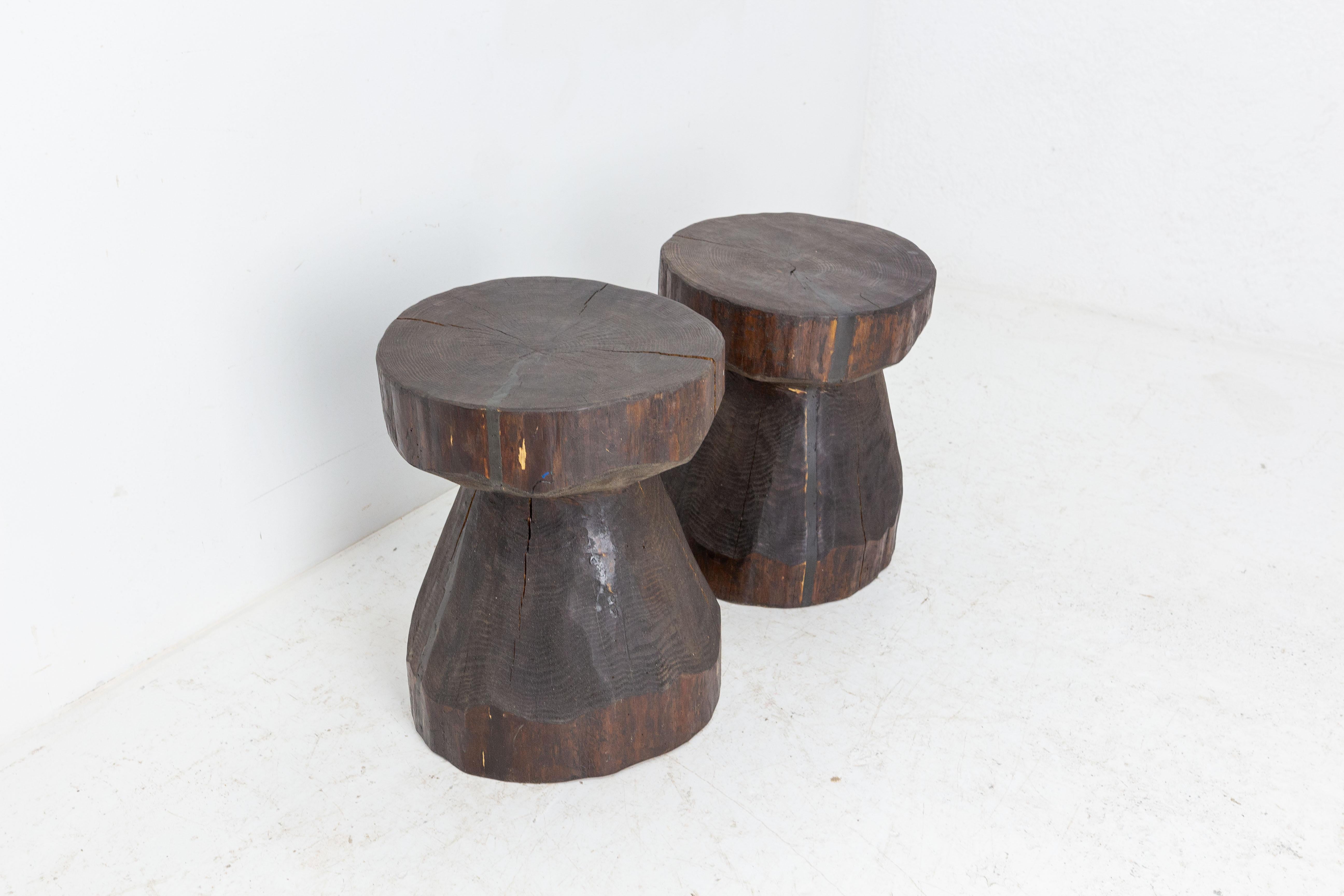 French Pair of Solid Pine Stools Brutalist Style Champagne Shape, 1999, France