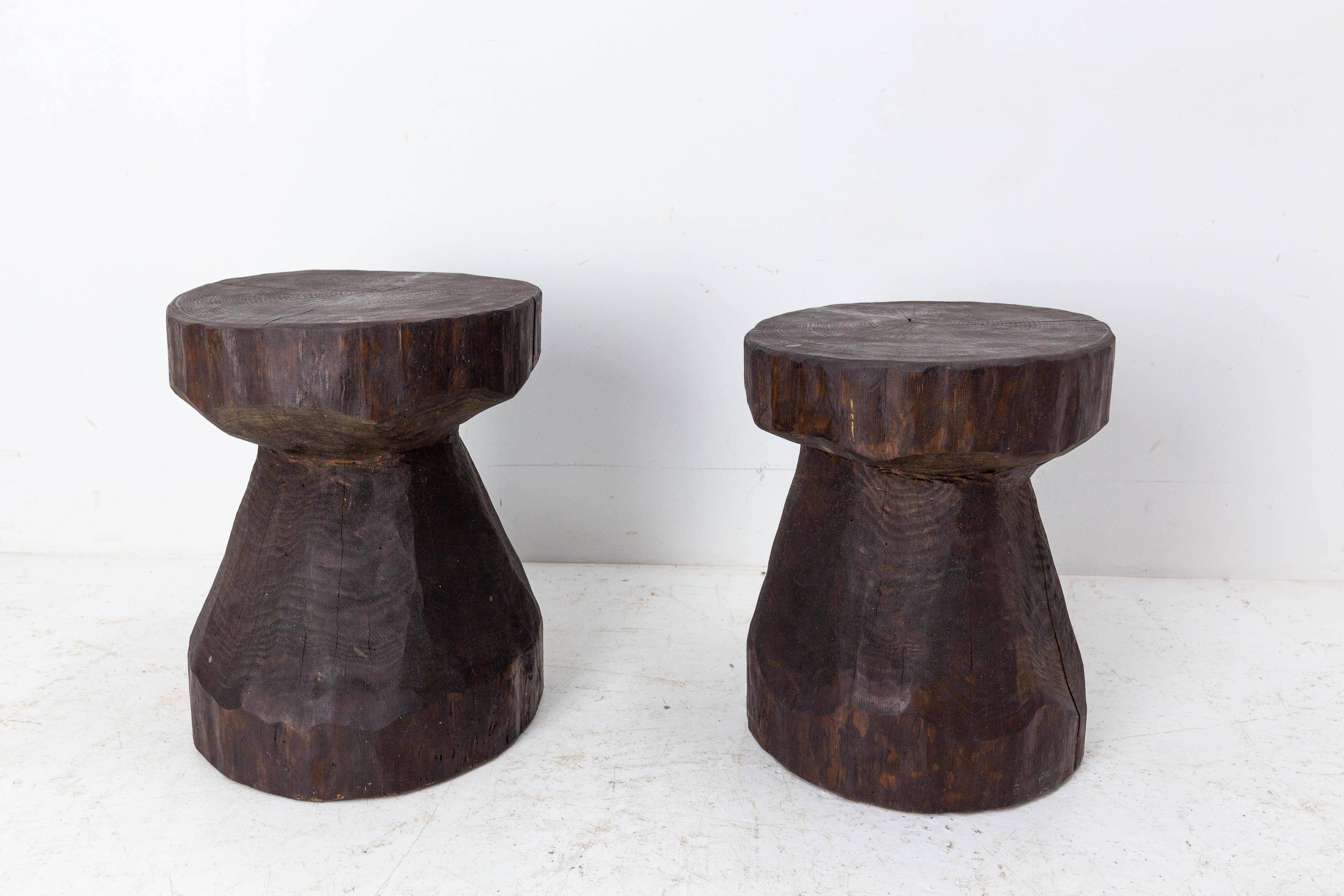 Pair of Solid Pine Stools Brutalist Style Champagne Shape, 1999, France In Good Condition In Labrit, Landes