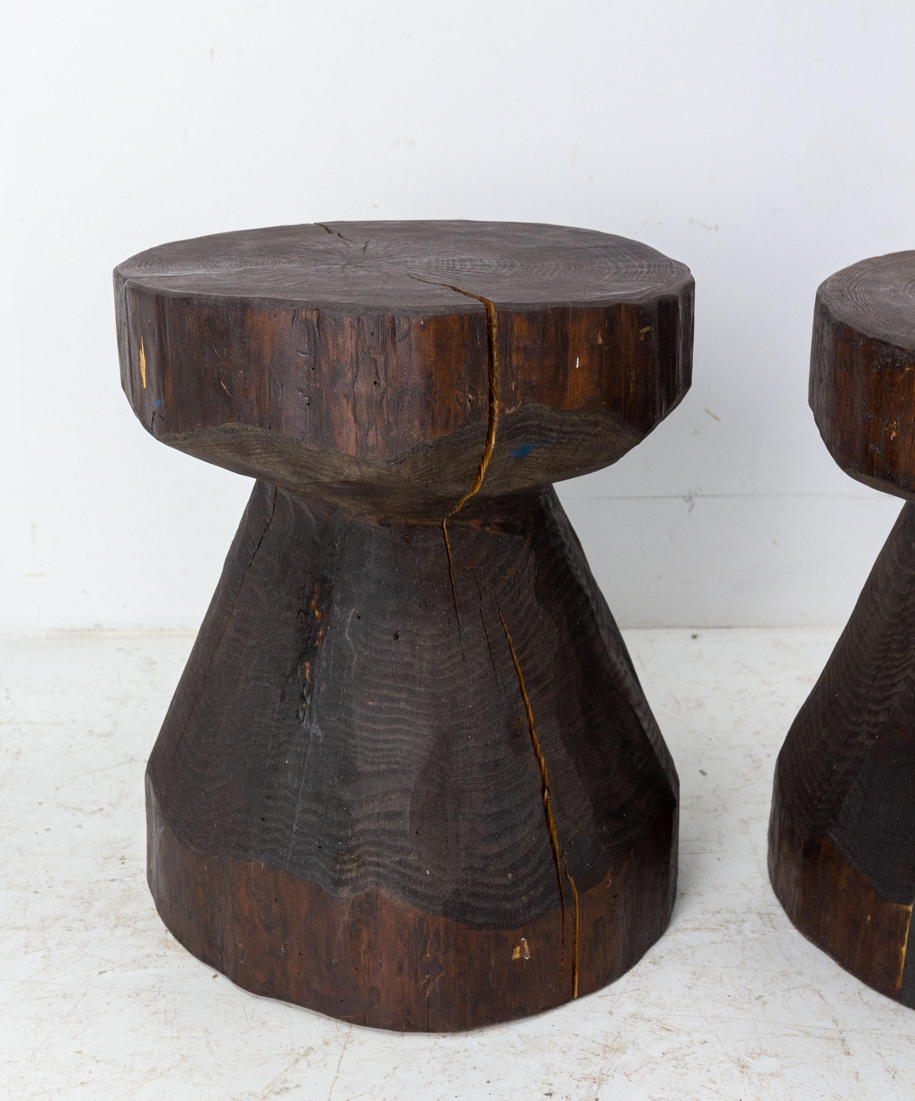 20th Century Pair of Solid Pine Stools Brutalist Style Champagne Shape, 1999, France