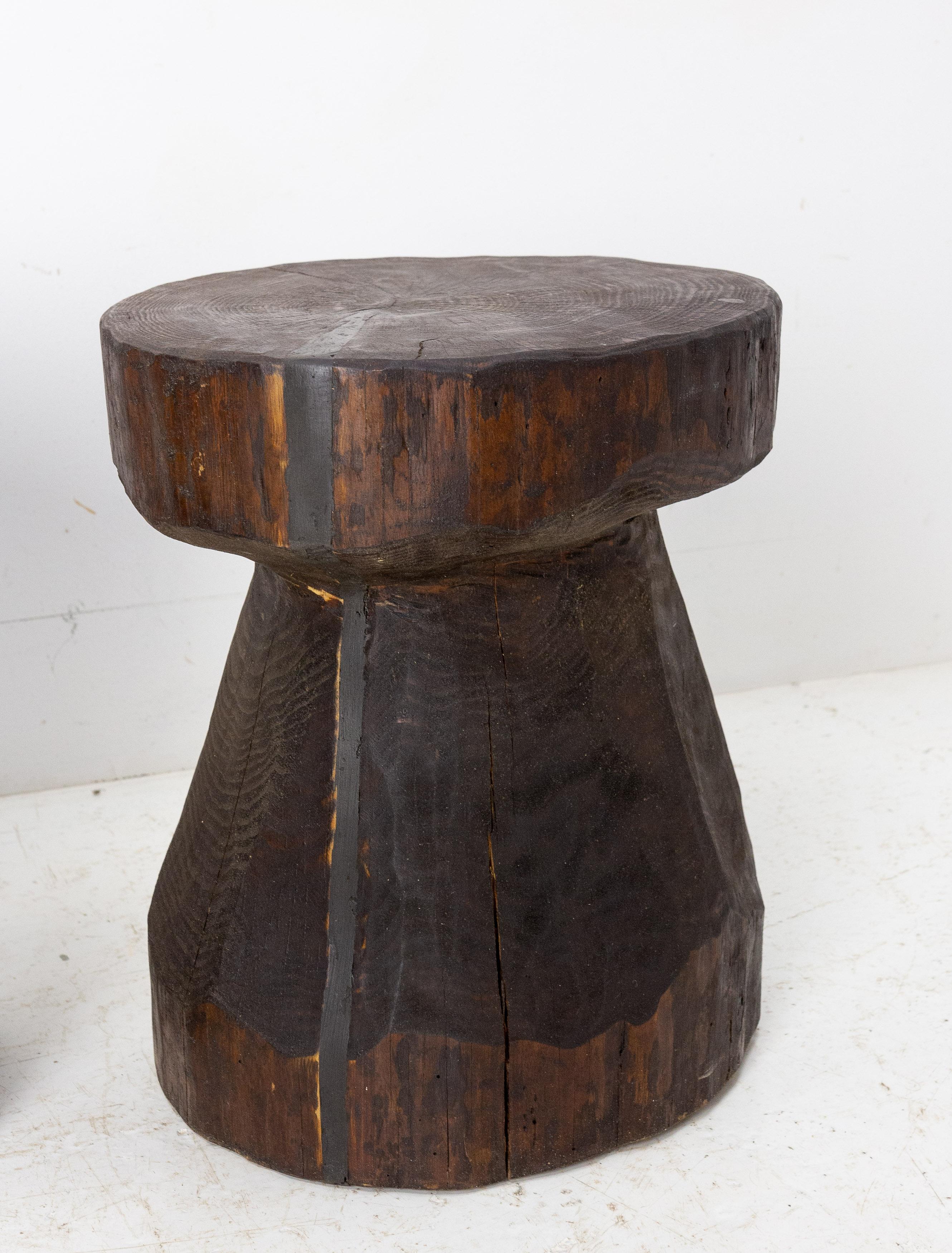 Pair of Solid Pine Stools Brutalist Style Champagne Shape, 1999, France 1