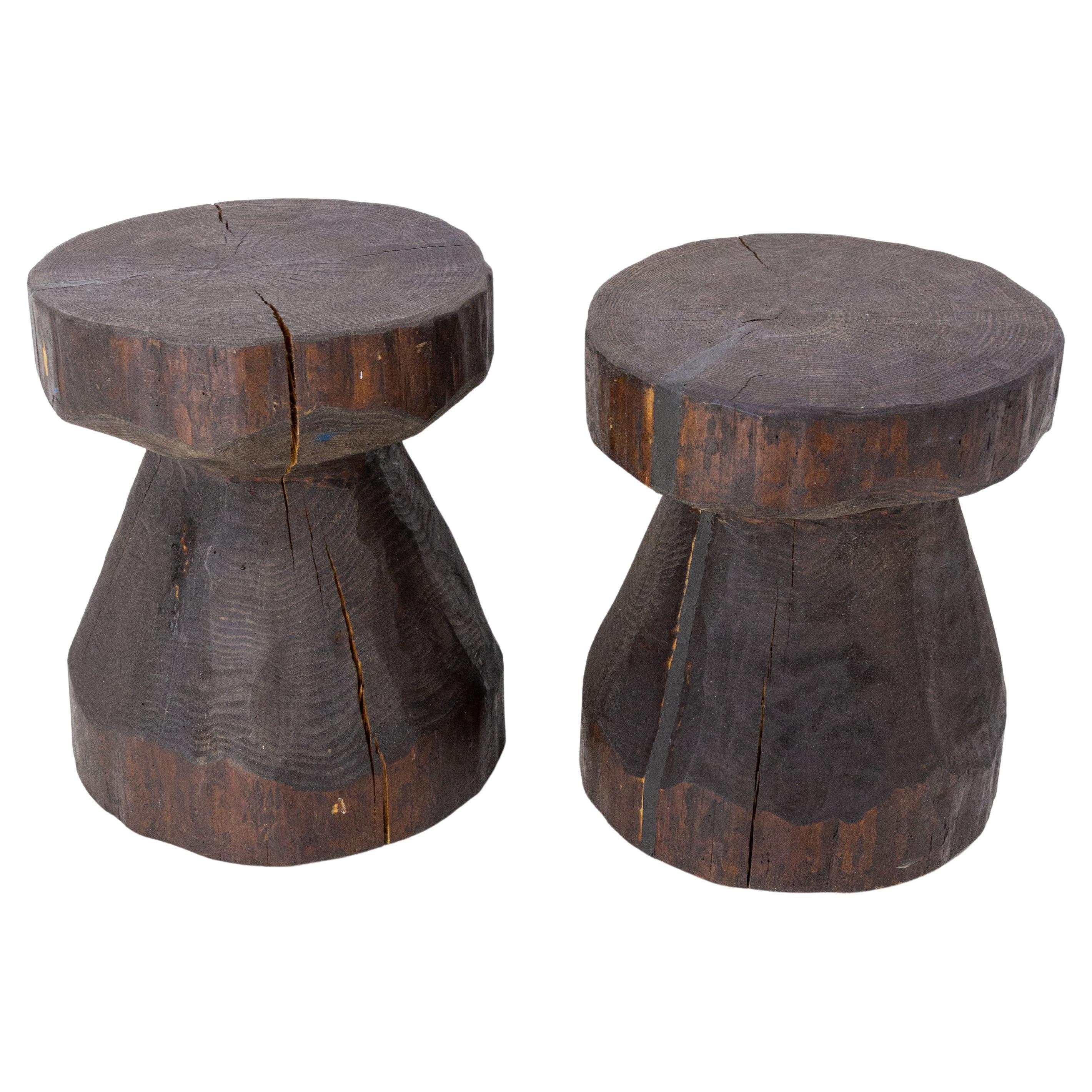 Pair of Solid Pine Stools Brutalist Style Champagne Shape, 1999, France