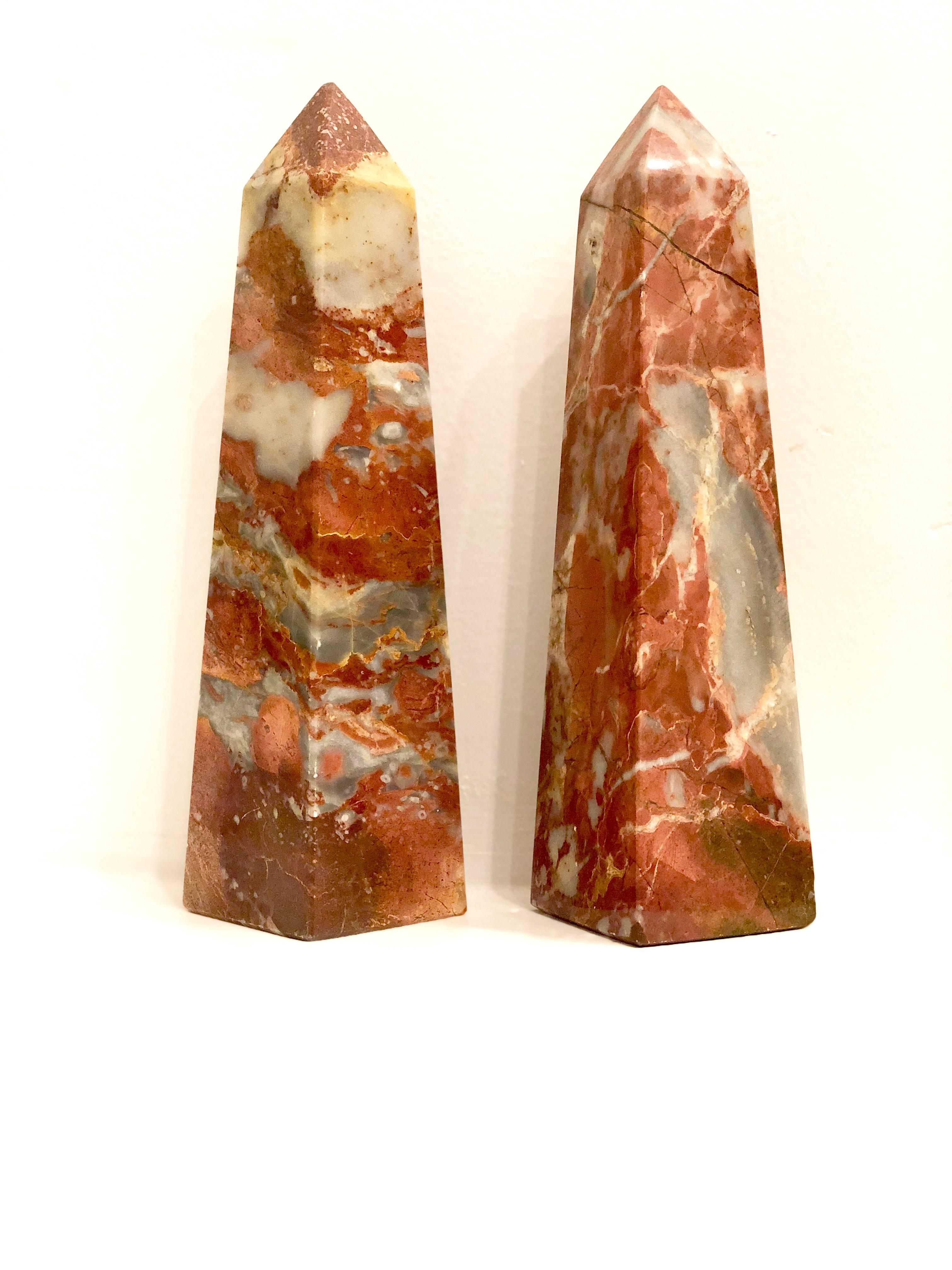 Mid-Century Modern Pair of Solid Pink Marble Decorative Obelisques