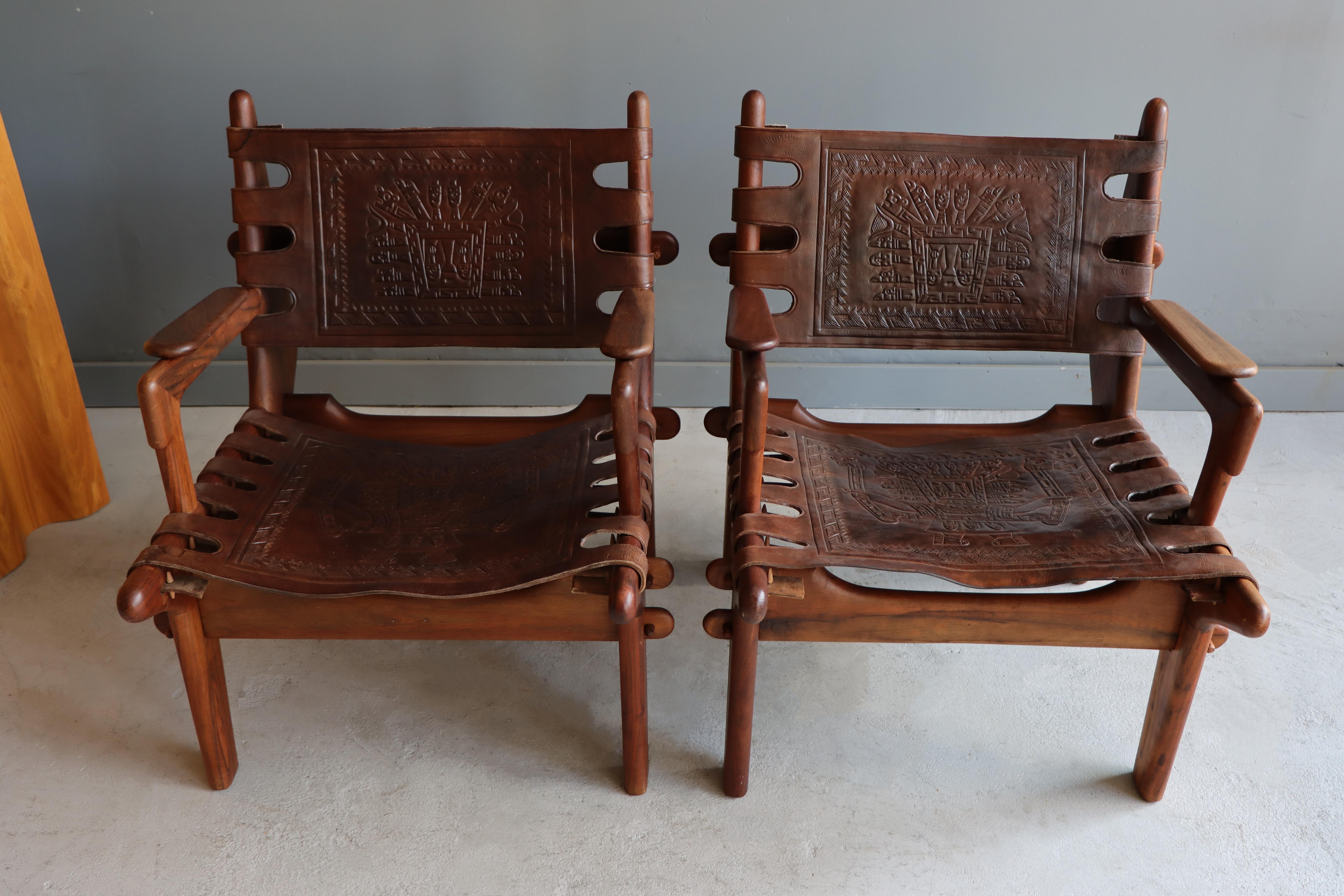 Pair of Solid Rosewood and Leather Lounge Chairs by Angel Pazmino, Ecuador  3