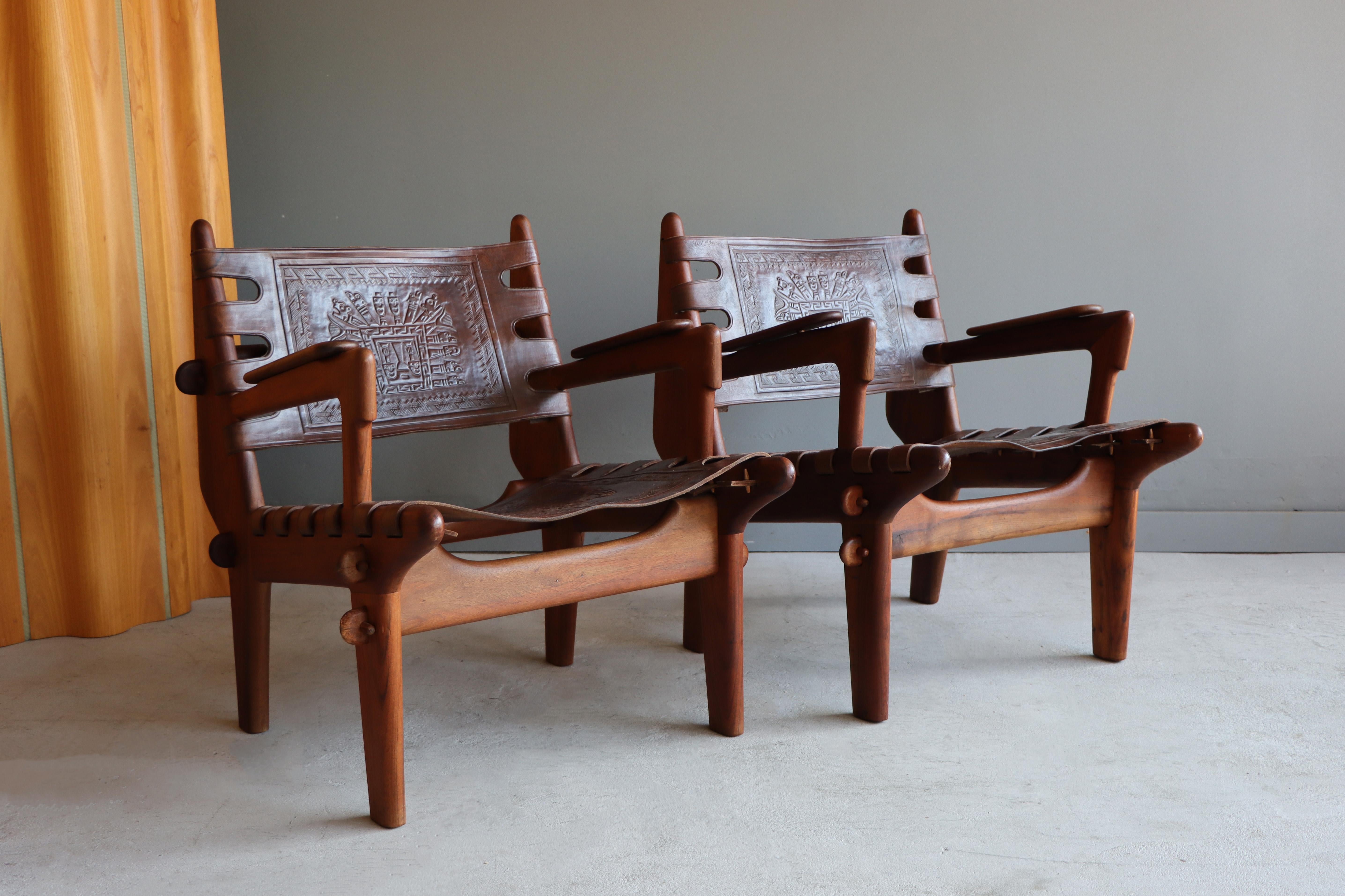 Mid-Century Modern Pair of Solid Rosewood and Leather Lounge Chairs by Angel Pazmino, Ecuador 